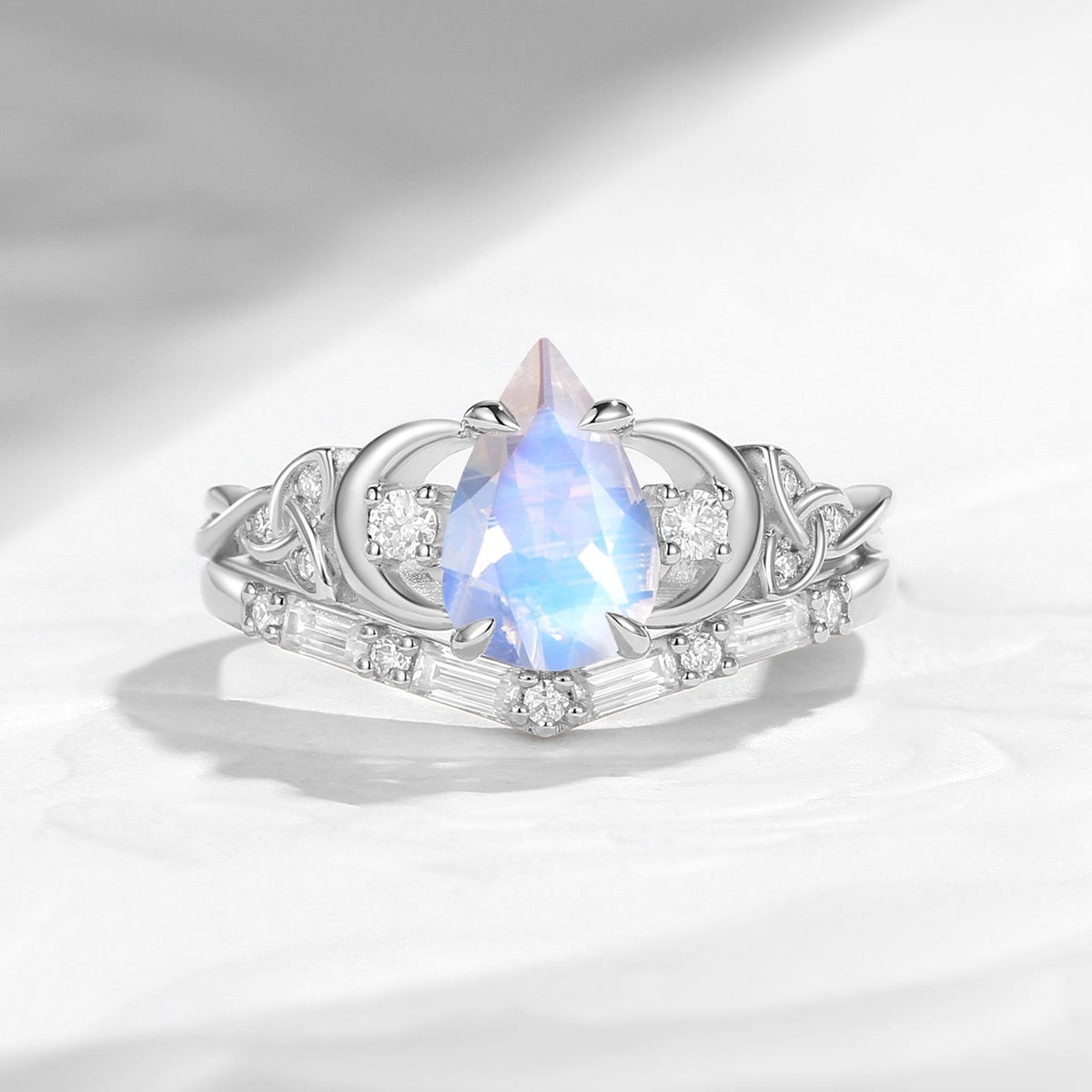 Celtic Moon - Unique Four Prongs Pear Cut Moonstone Infinity Twist Engagement Ring Set Bridal Set