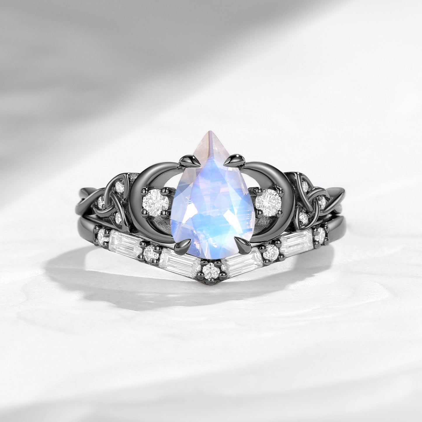 Celtic Moon - Unique Four Prongs Pear Cut Moonstone Infinity Twist Engagement Ring Set Bridal Set