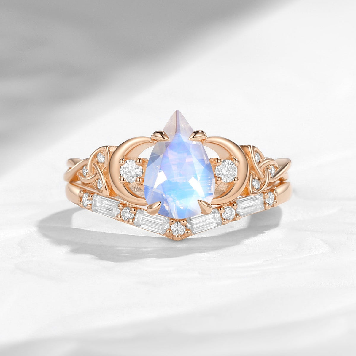 Celtic Moon - Unique Four Prongs Pear Cut Moonstone Infinity Twist Engagement Ring Set Bridal Set