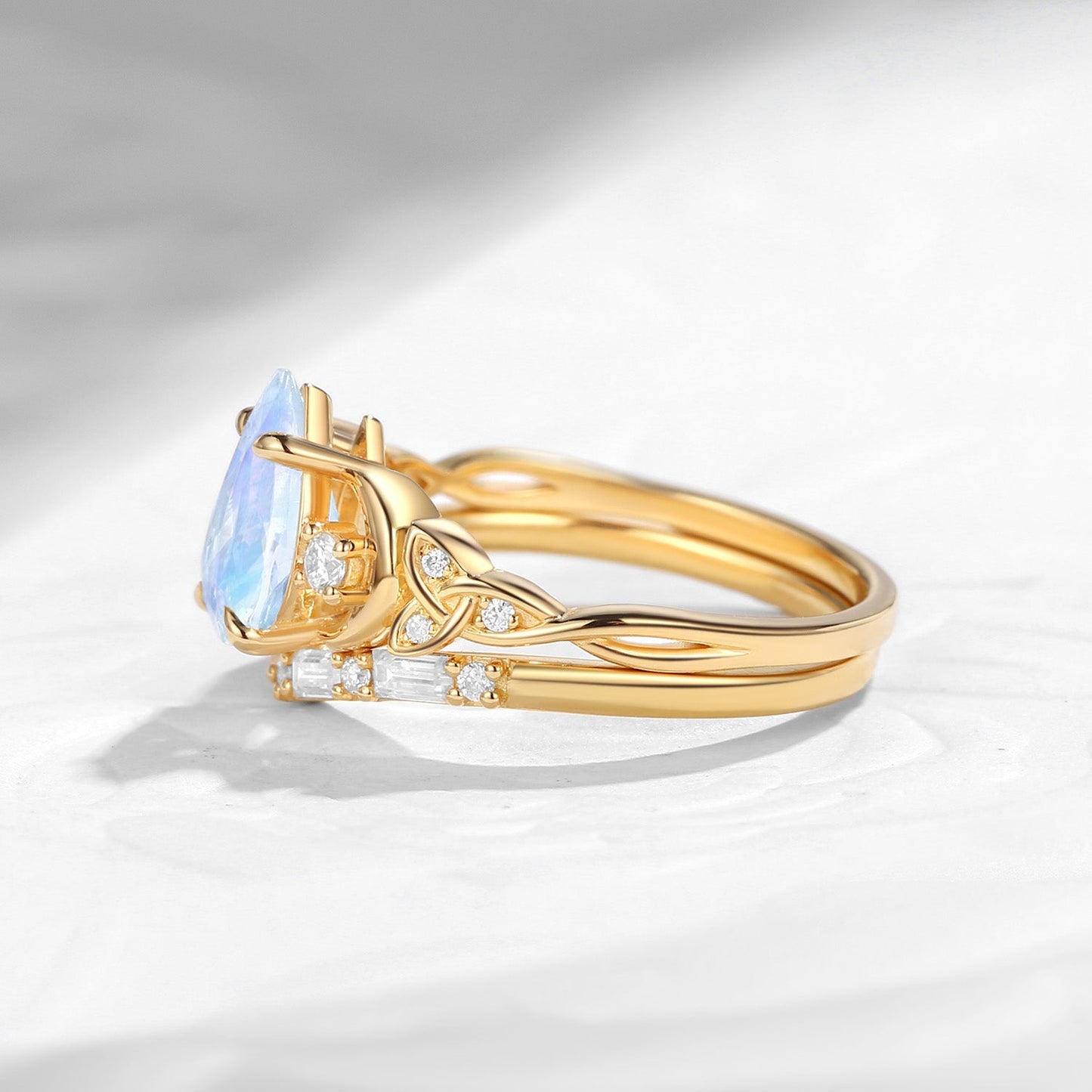 Celtic Moon - Unique Four Prongs Pear Cut Moonstone Infinity Twist Engagement Ring Set Bridal Set