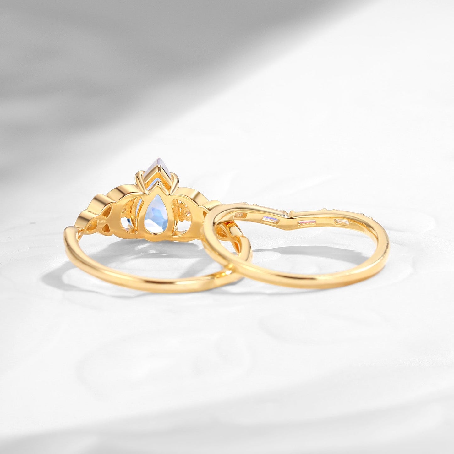 Celtic Moon - Unique Four Prongs Pear Cut Moonstone Infinity Twist Engagement Ring Set Bridal Set
