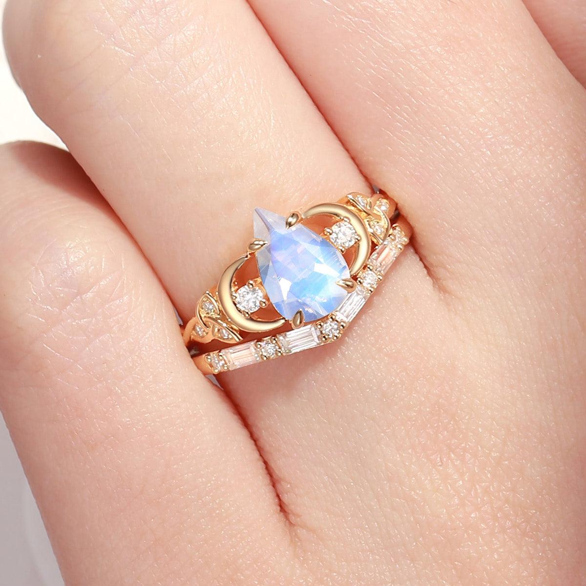 Celtic Moon - Unique Four Prongs Pear Cut Moonstone Infinity Twist Engagement Ring Set Bridal Set