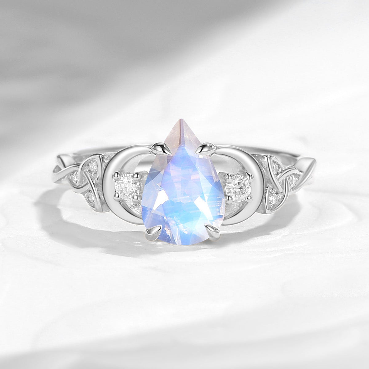 Celtic Moon - Unique Four Prongs Pear Cut Moonstone Infinity Twist Engagement Ring