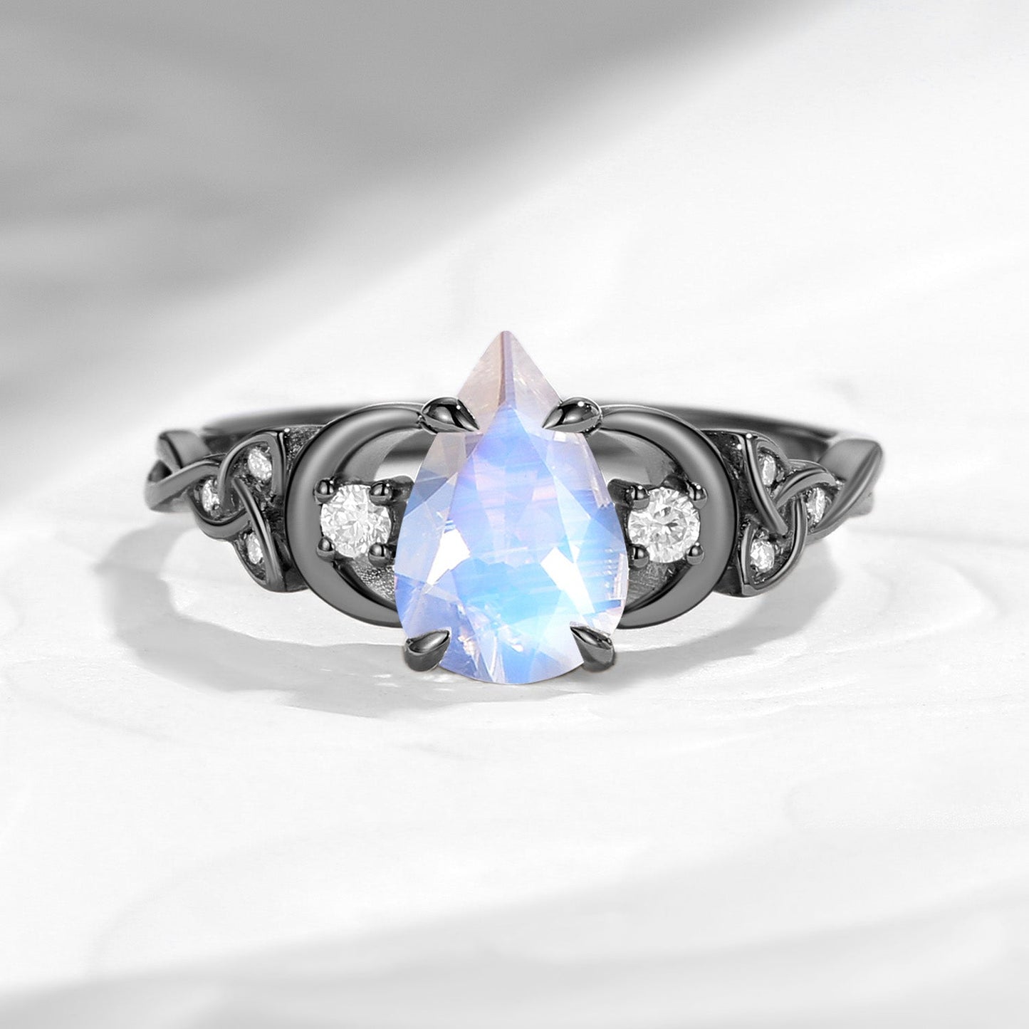 Celtic Moon - Unique Four Prongs Pear Cut Moonstone Infinity Twist Engagement Ring