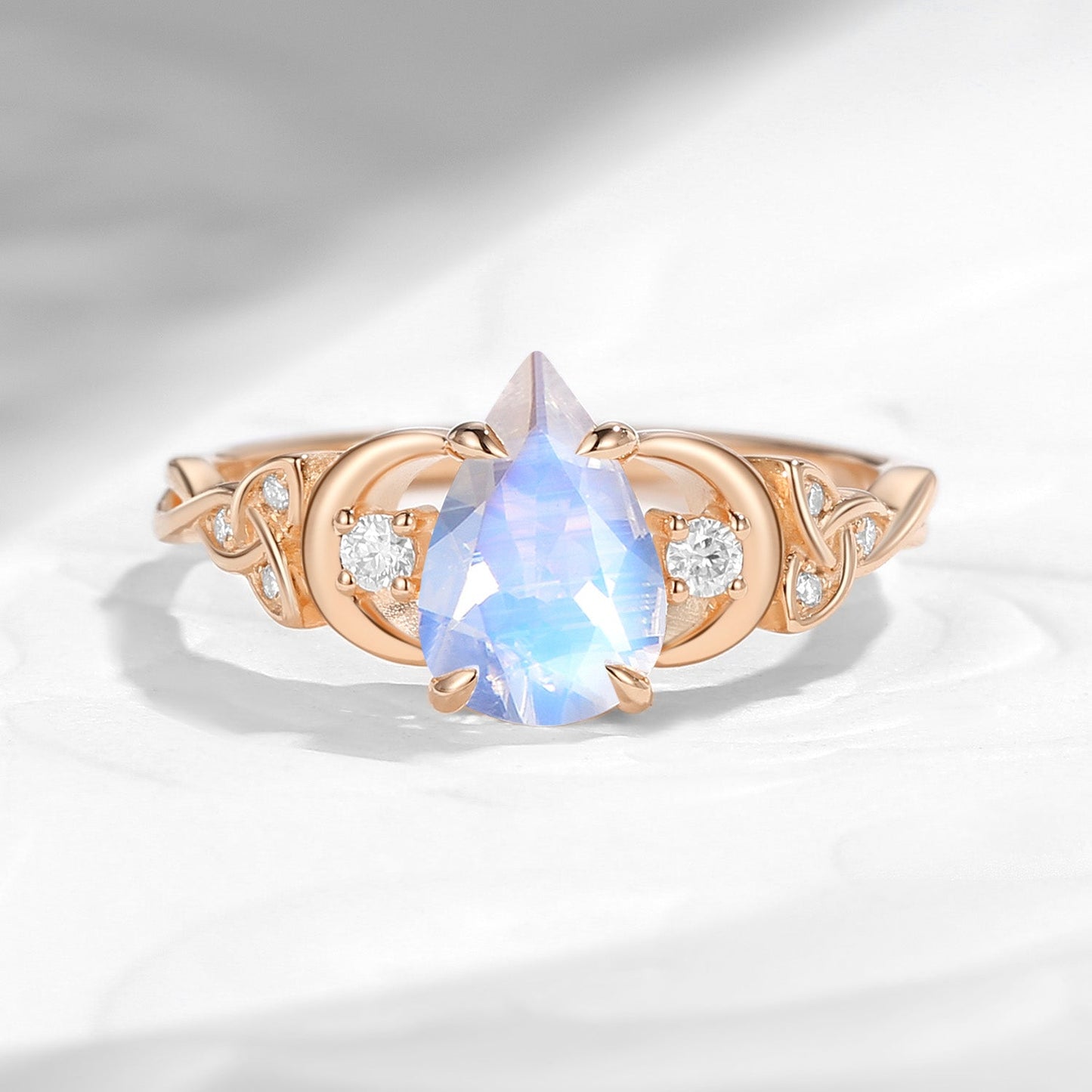 Celtic Moon - Unique Four Prongs Pear Cut Moonstone Infinity Twist Engagement Ring