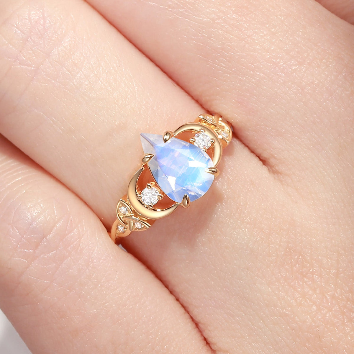 Celtic Moon - Unique Four Prongs Pear Cut Moonstone Infinity Twist Engagement Ring