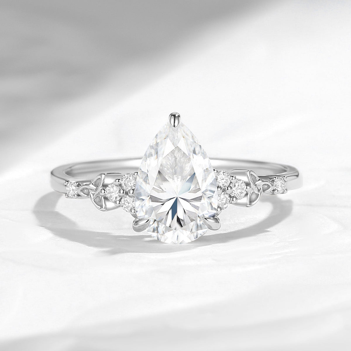 Unique Cluster Pear Cut Moissanite Celtic Solitaire Engagement Ring