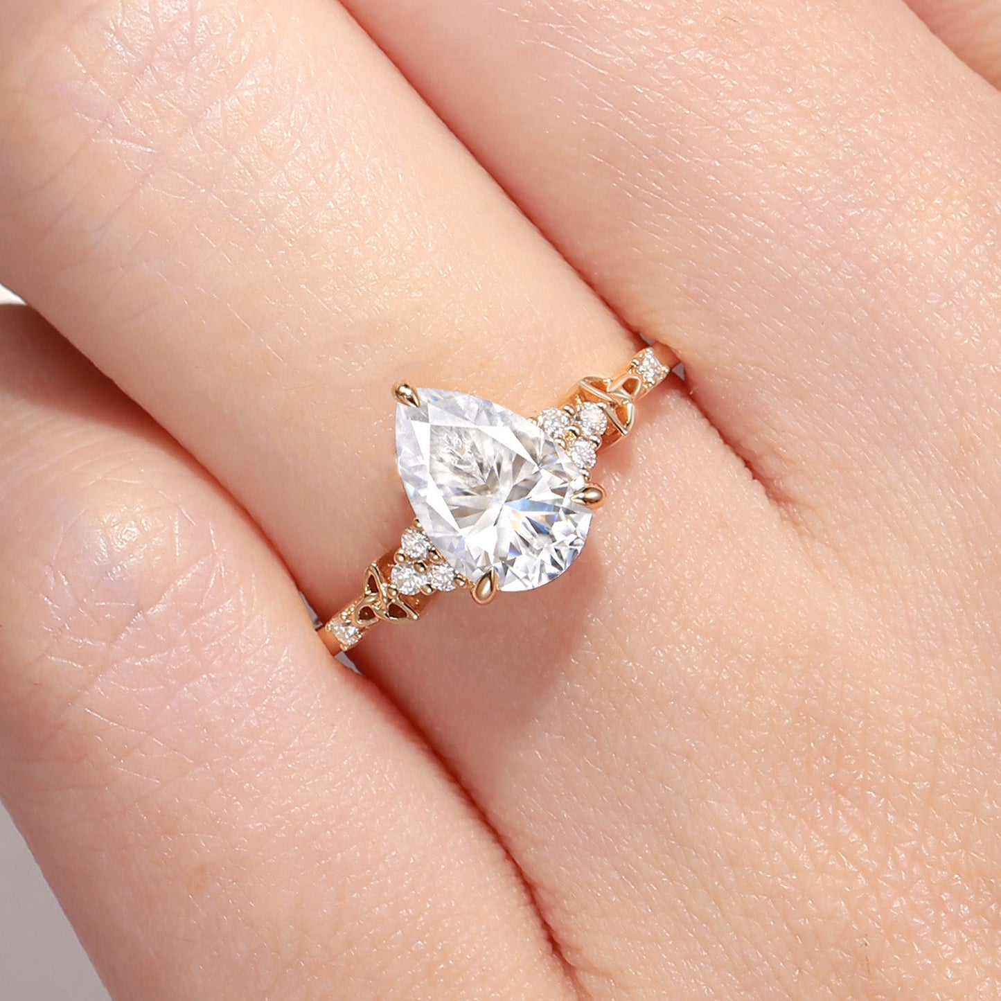 Unique Cluster Pear Cut Moissanite Celtic Solitaire Engagement Ring