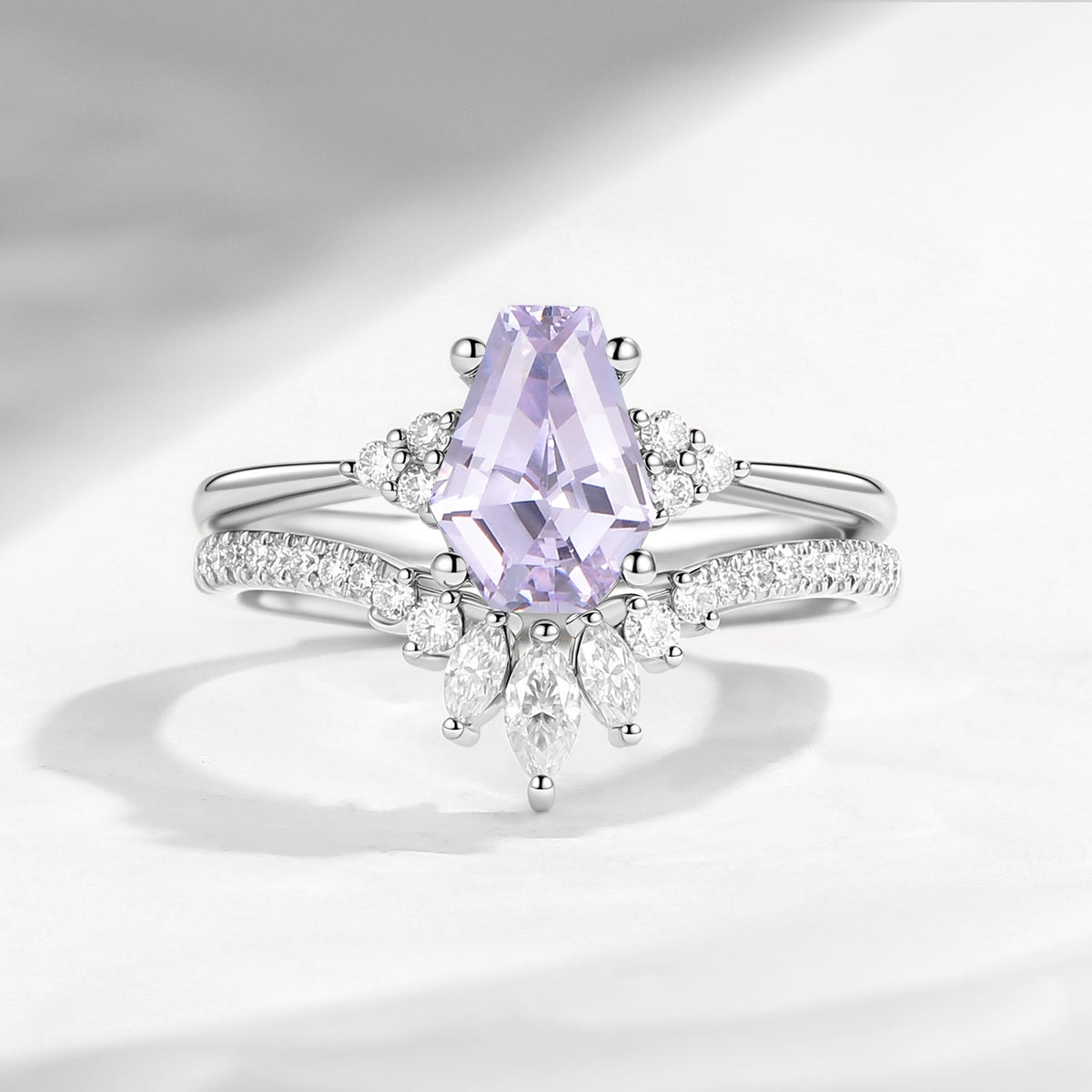 Coffin Cut Lab Lavender Sapphire Alternative Engagement Ring 2pcs - White Dress