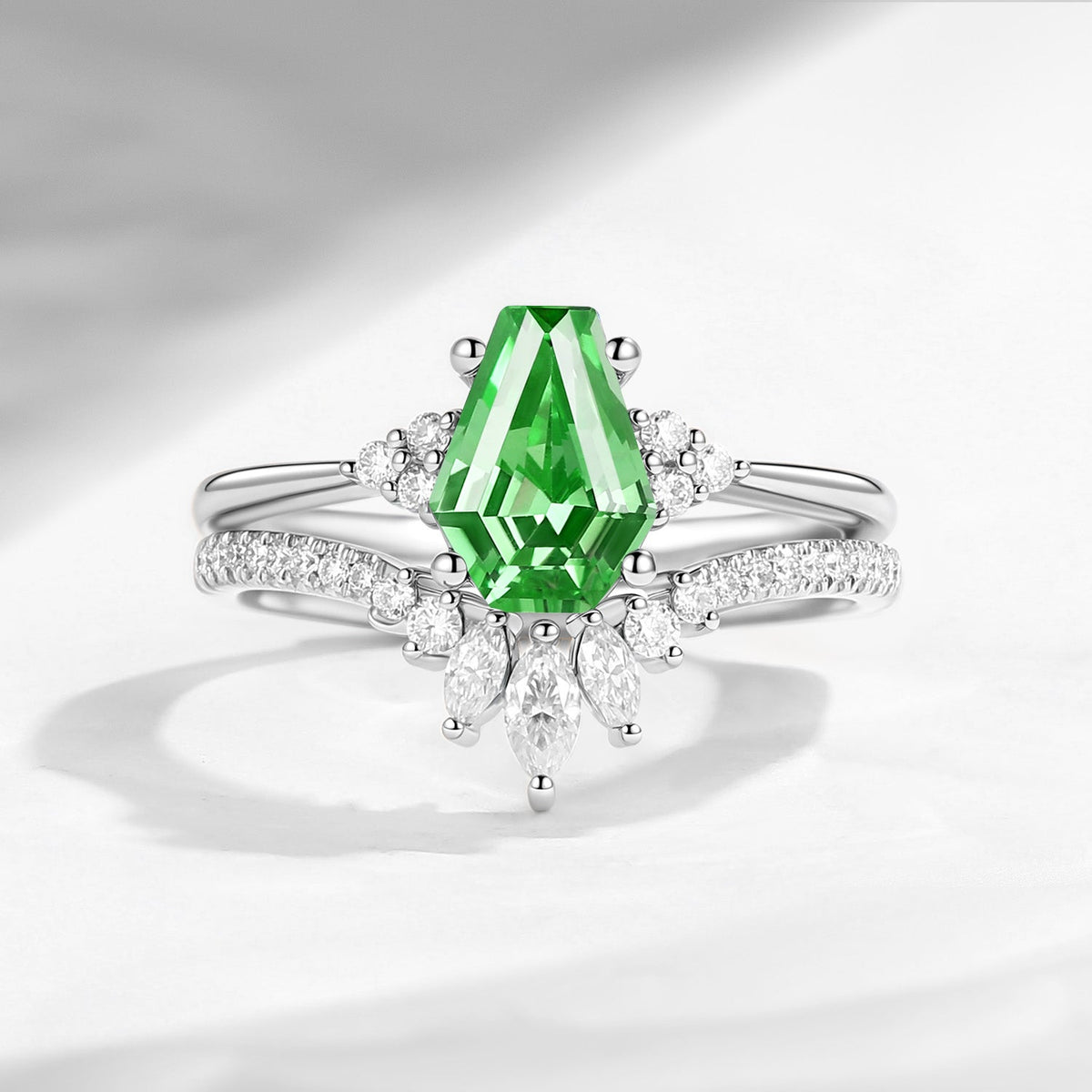 Classic Coffin Cut Lab Tsavorite Engagement Set 2pcs - White Dress