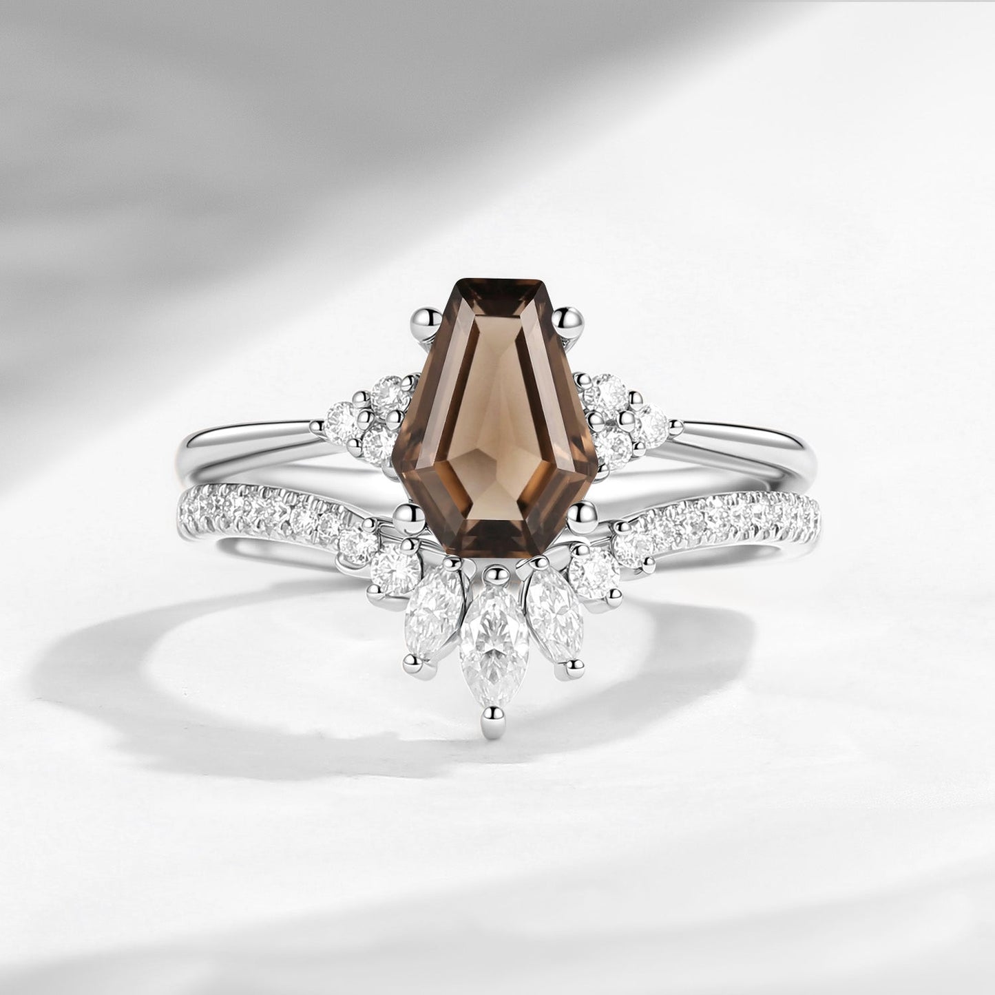 Coffin Cut Smokey Quartz Alternative Engagement Ring 2pcs - White Dress
