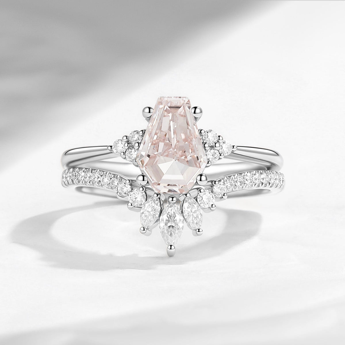 1.0-2.0ct Classic Coffin Cut Lab Pink Diamond Engagement Set 2pcs - White Dress