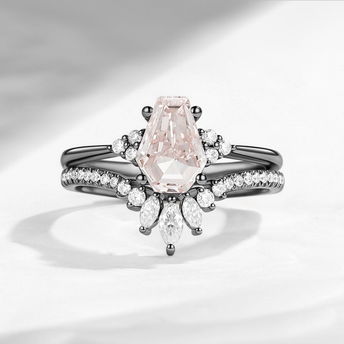 1.0-2.0ct Classic Coffin Cut Lab Pink Diamond Engagement Set 2pcs - White Dress