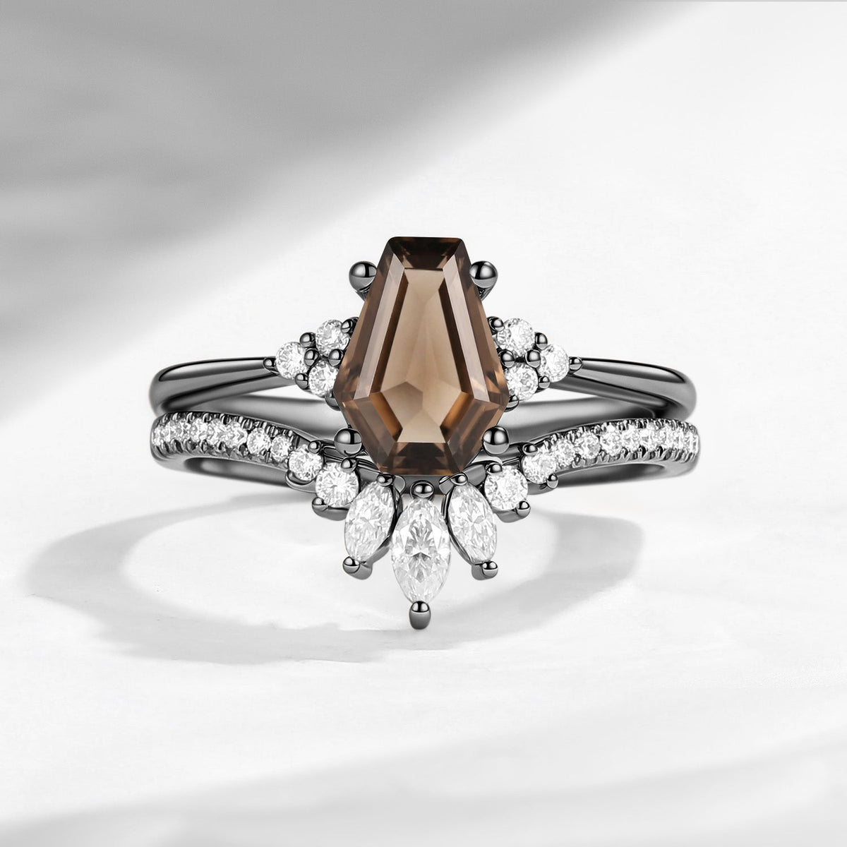 Coffin Cut Smokey Quartz Alternative Engagement Ring 2pcs - White Dress