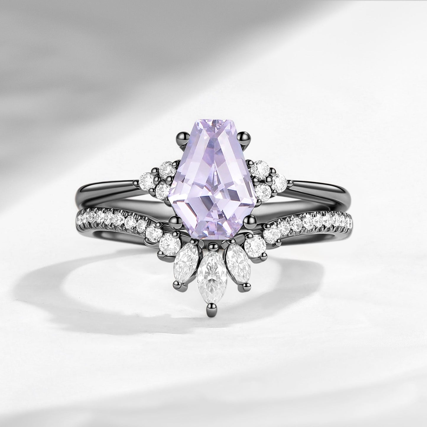 Coffin Cut Lab Lavender Sapphire Alternative Engagement Ring 2pcs - White Dress