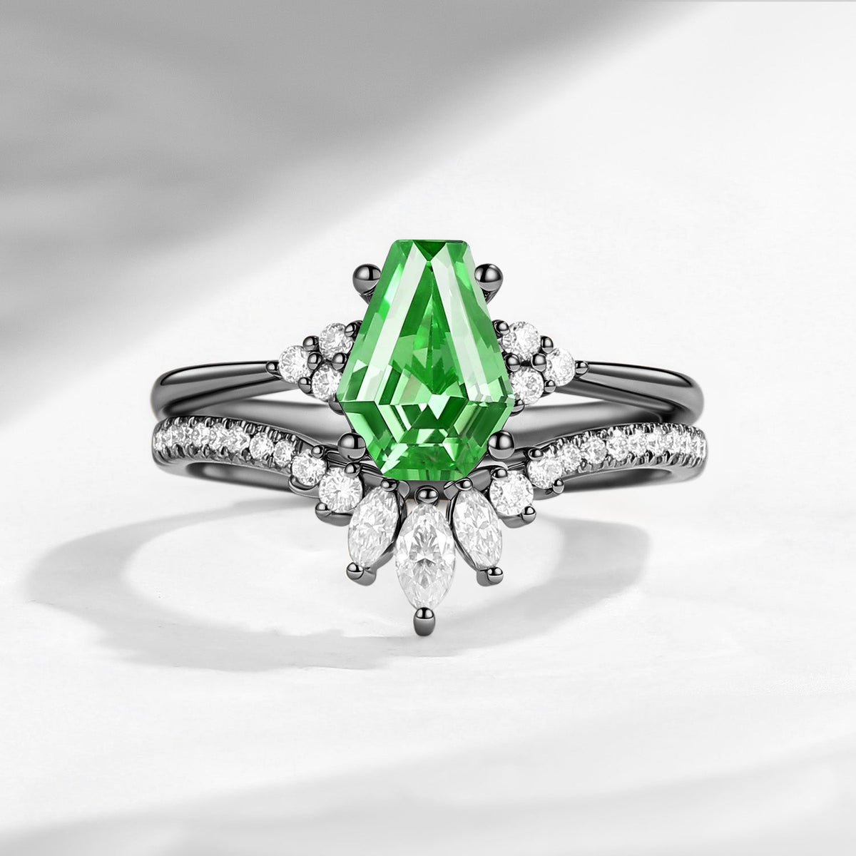 Classic Coffin Cut Lab Tsavorite Engagement Set 2pcs - White Dress