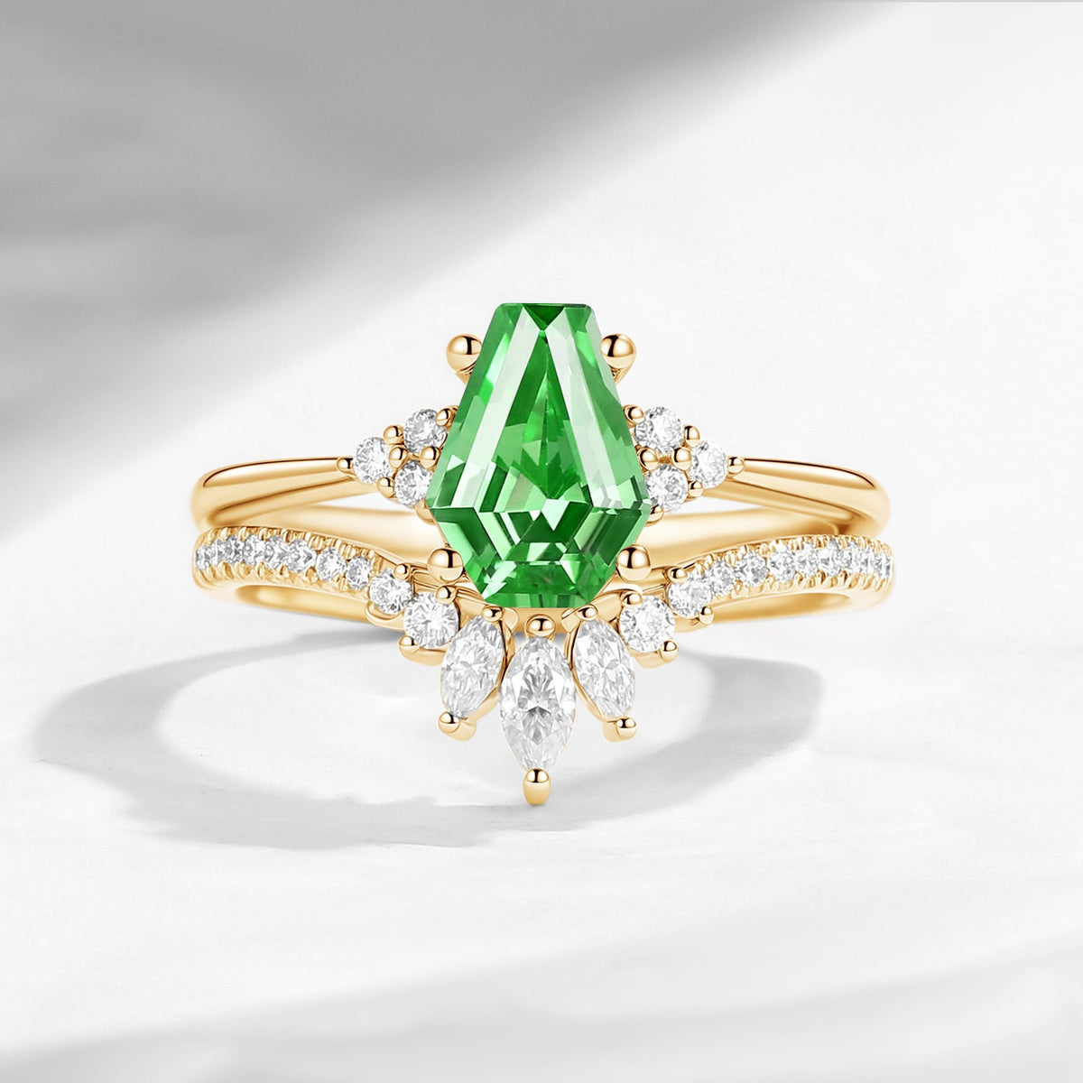 Classic Coffin Cut Lab Tsavorite Engagement Set 2pcs - White Dress
