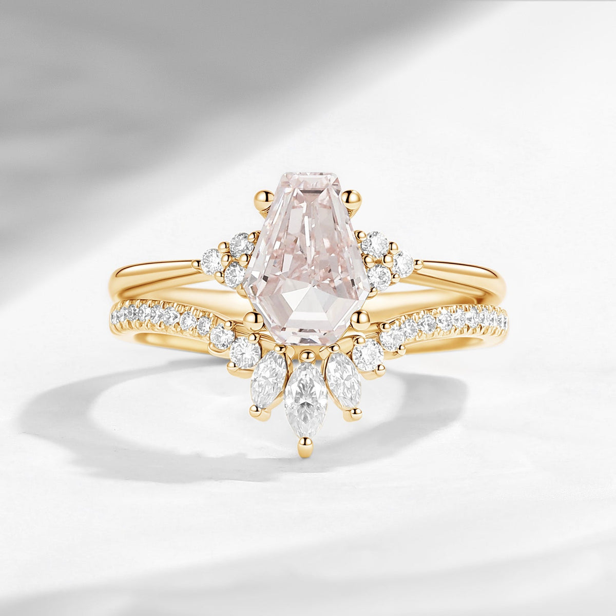 1.0-2.0ct Classic Coffin Cut Lab Pink Diamond Engagement Set 2pcs - White Dress