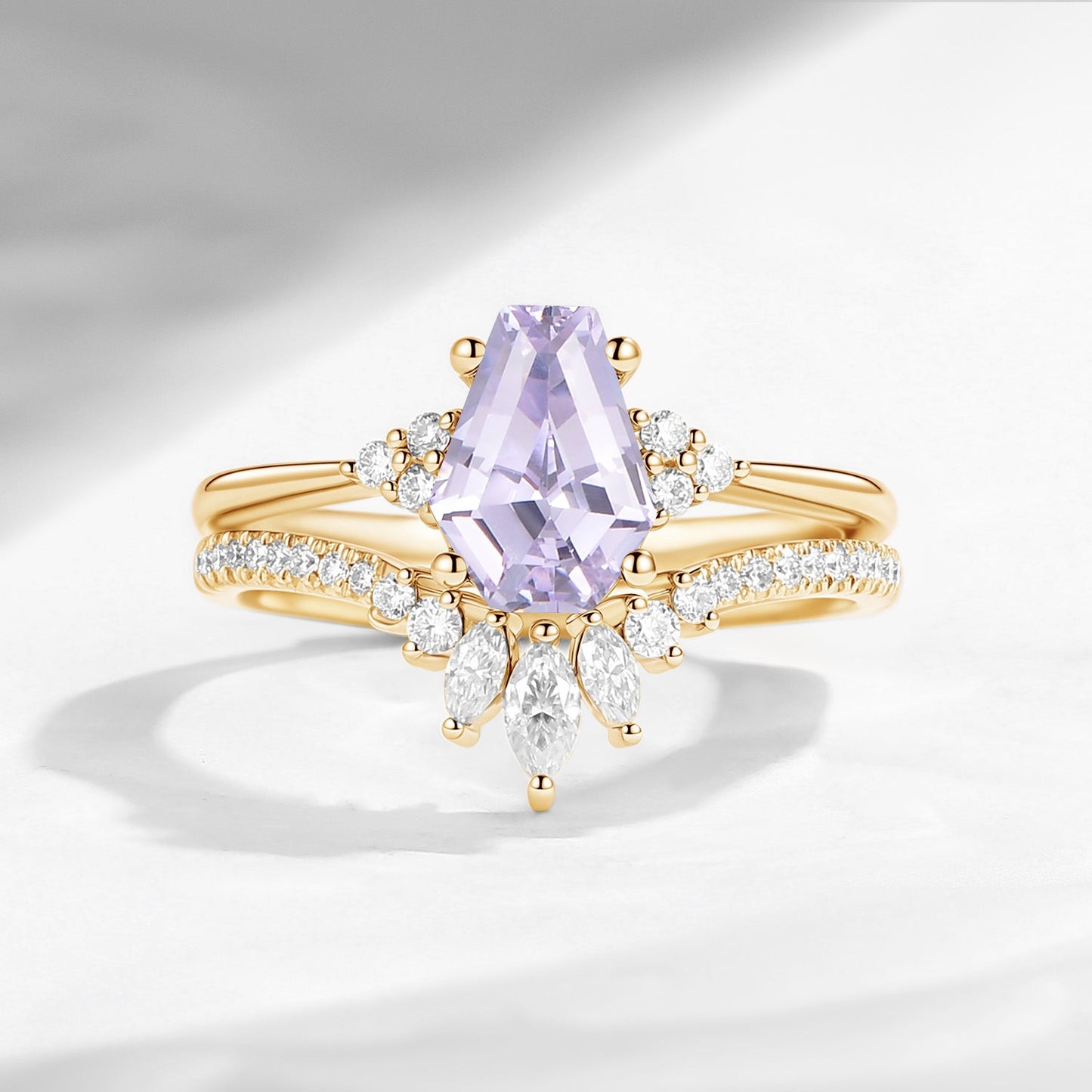 Coffin Cut Lab Lavender Sapphire Alternative Engagement Ring 2pcs - White Dress