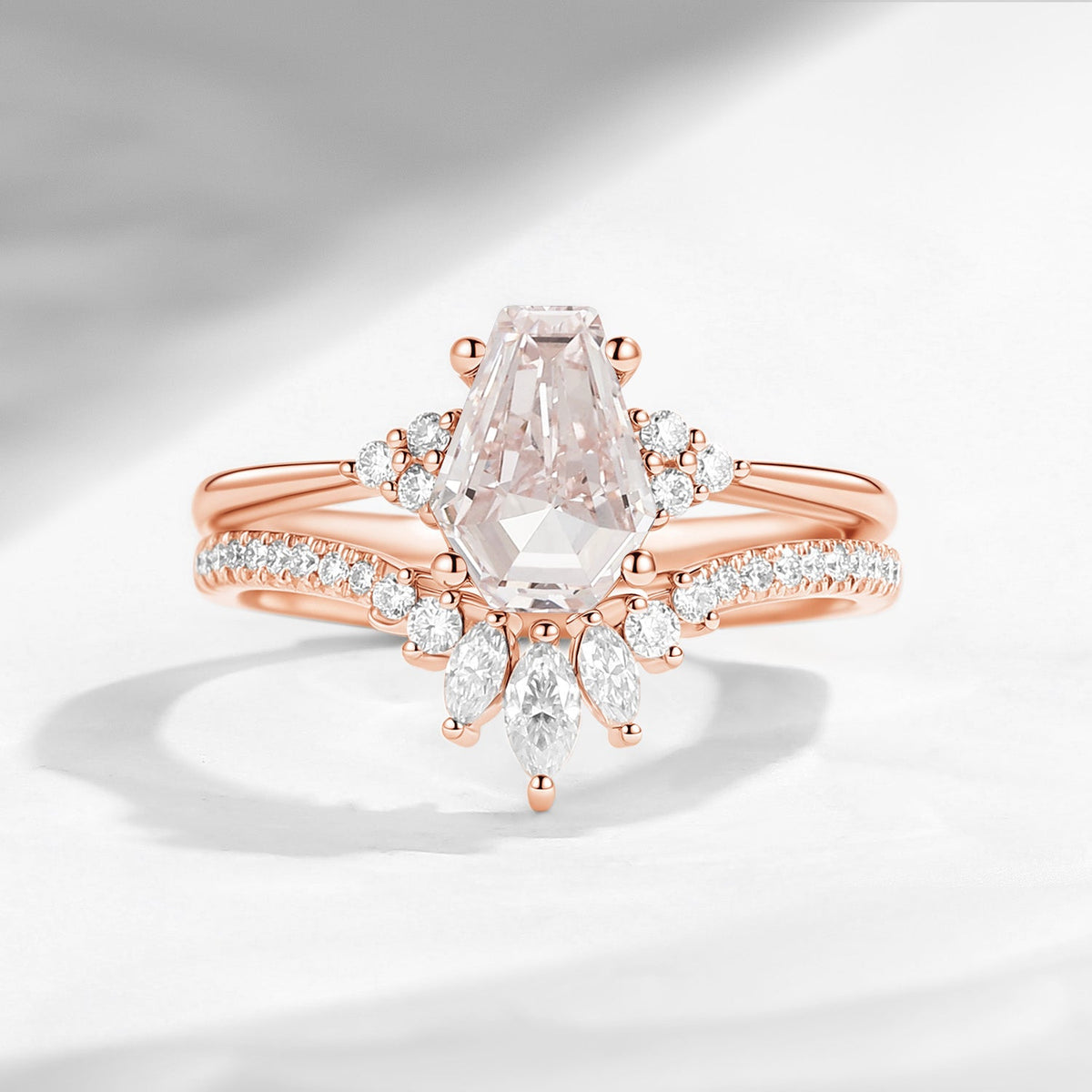 1.0-2.0ct Classic Coffin Cut Lab Pink Diamond Engagement Set 2pcs - White Dress
