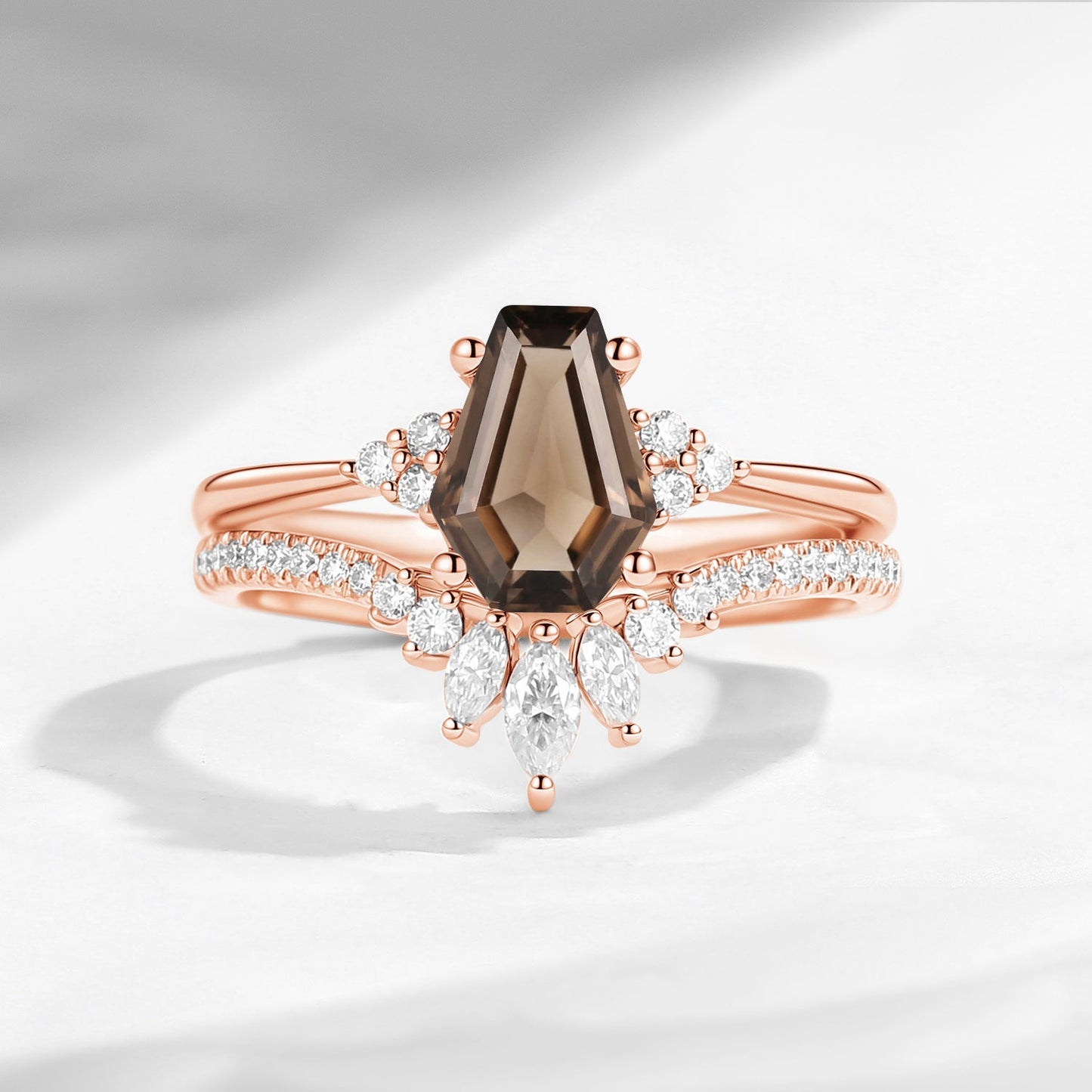 Coffin Cut Smokey Quartz Alternative Engagement Ring 2pcs - White Dress