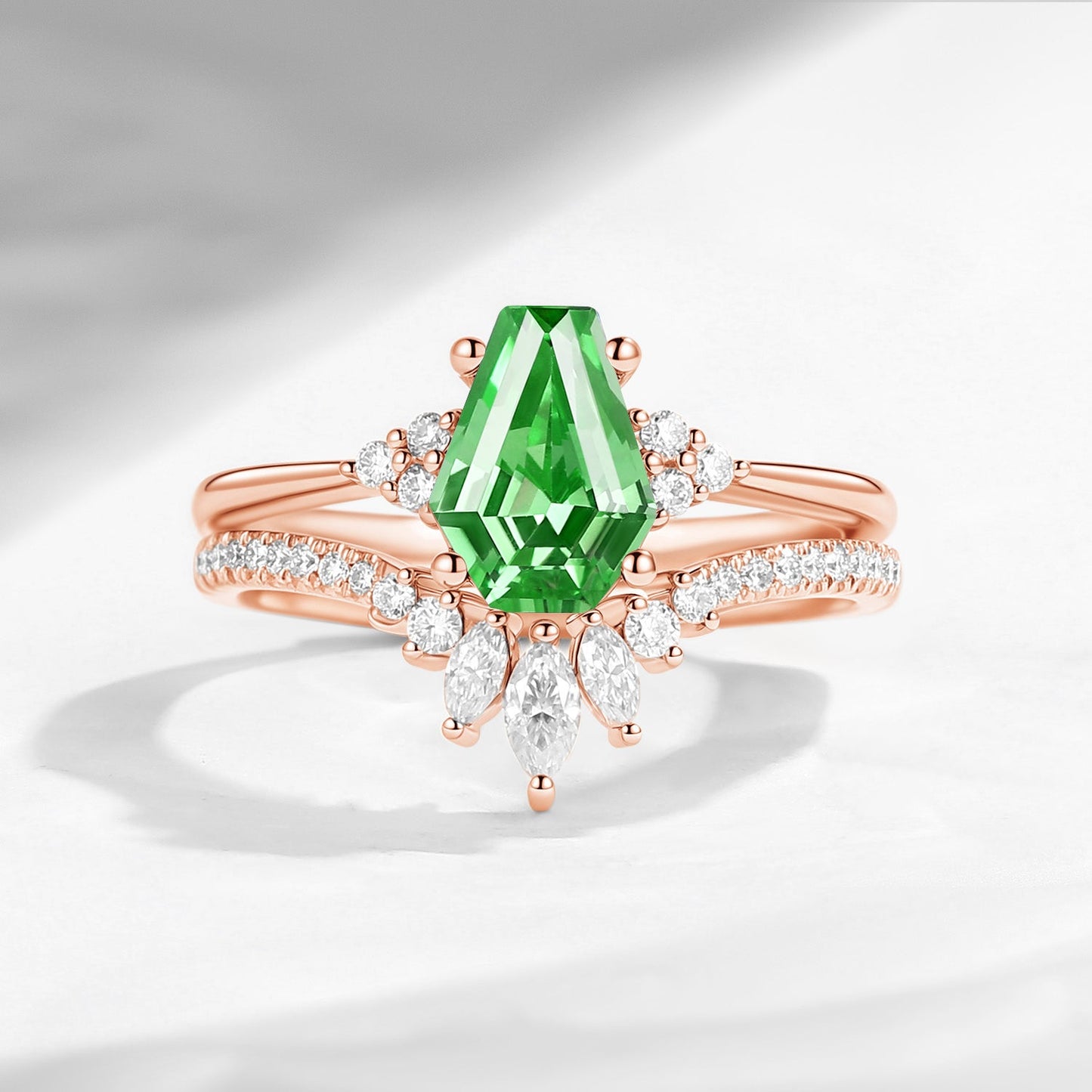 Classic Coffin Cut Lab Tsavorite Engagement Set 2pcs - White Dress