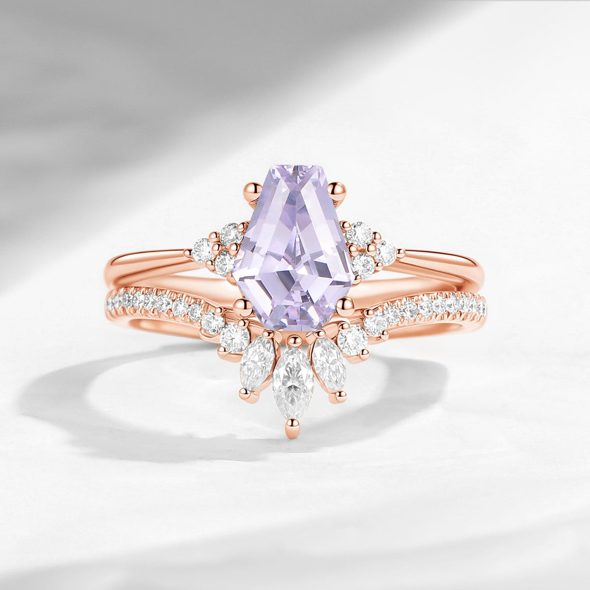 Coffin Cut Lab Lavender Sapphire Alternative Engagement Ring 2pcs - White Dress