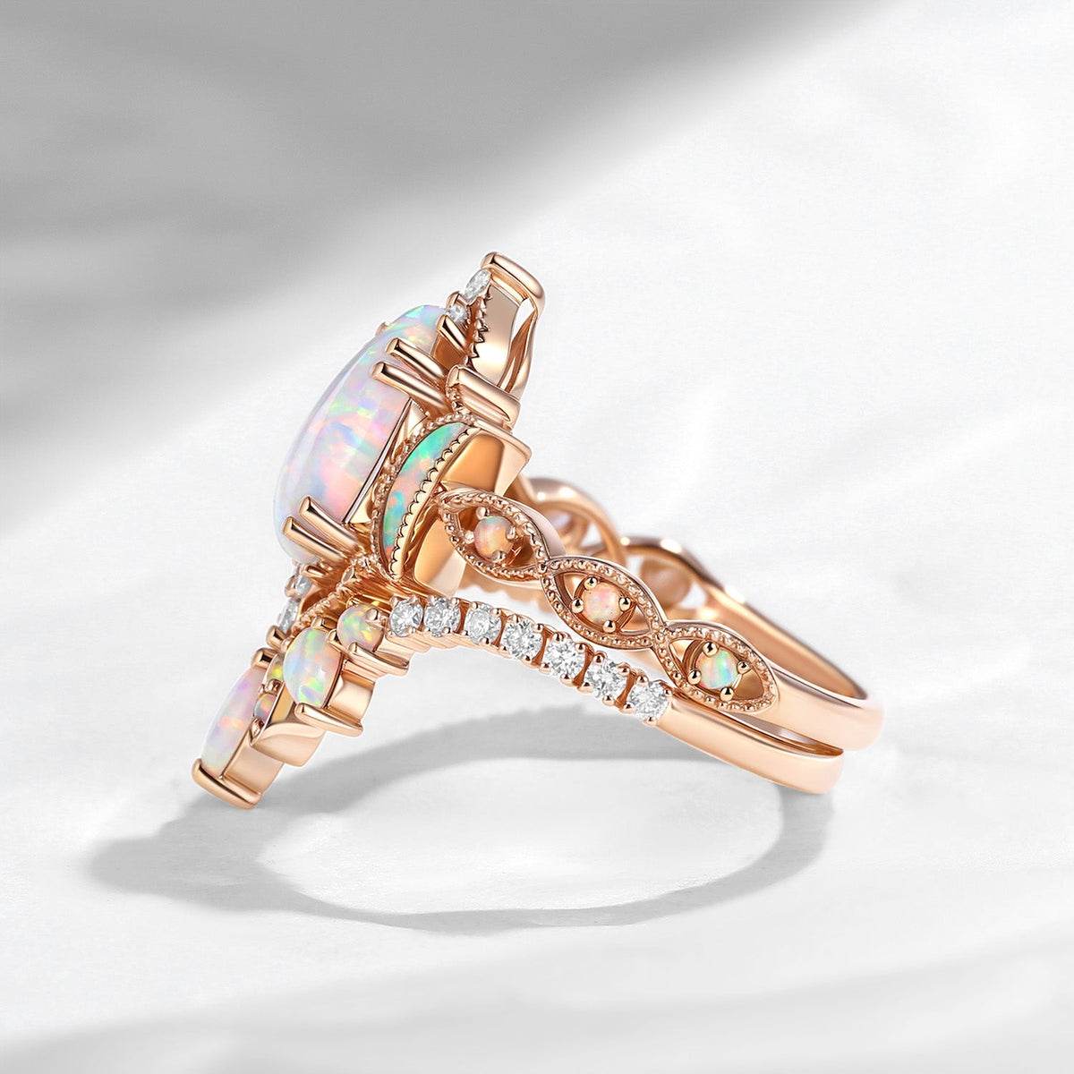 Crescent Moon | Pear Cut Pink Lab Opal 'Ultra Galaxy' Engagement Ring Set 2pcs