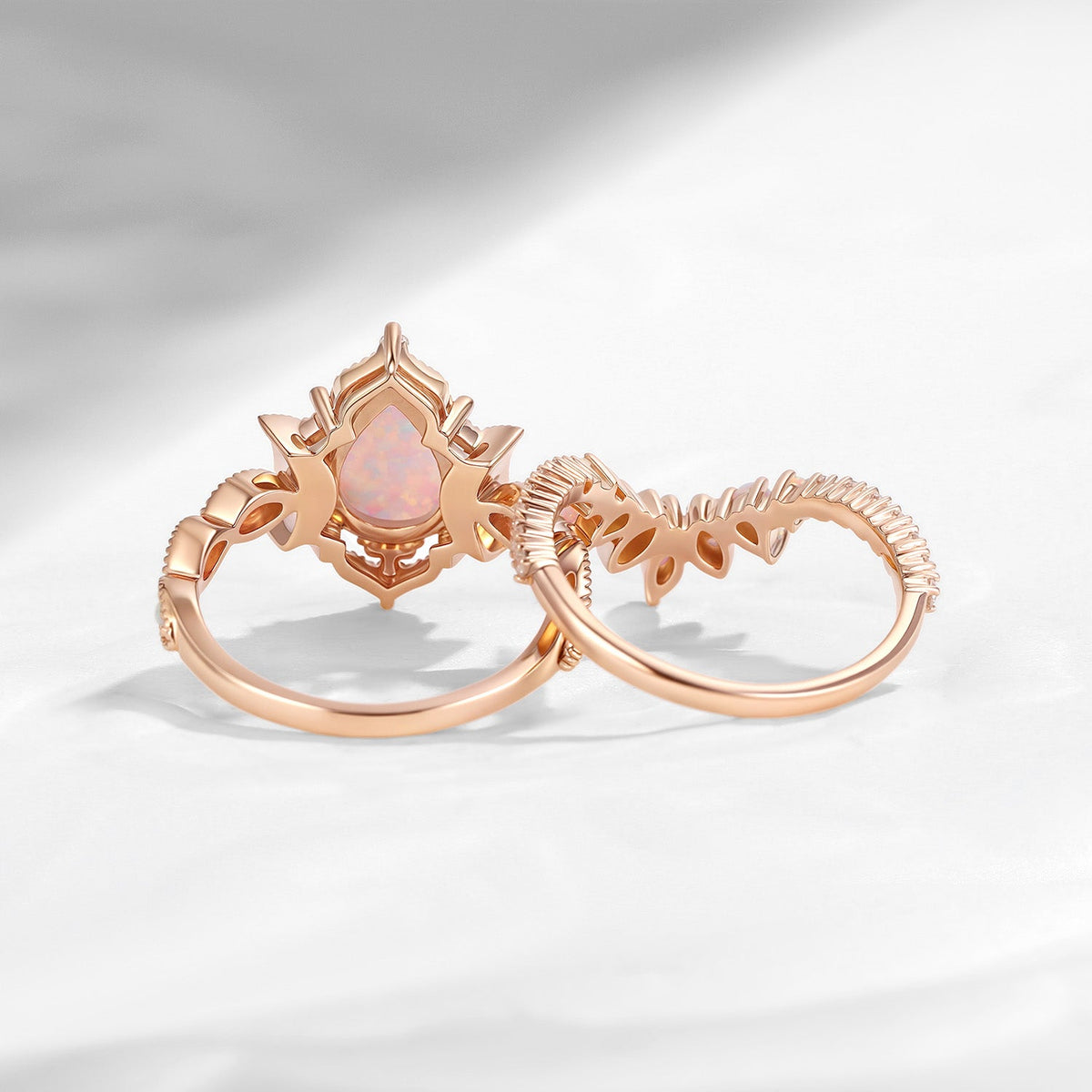 Crescent Moon | Pear Cut Pink Lab Opal 'Ultra Galaxy' Engagement Ring Set 2pcs