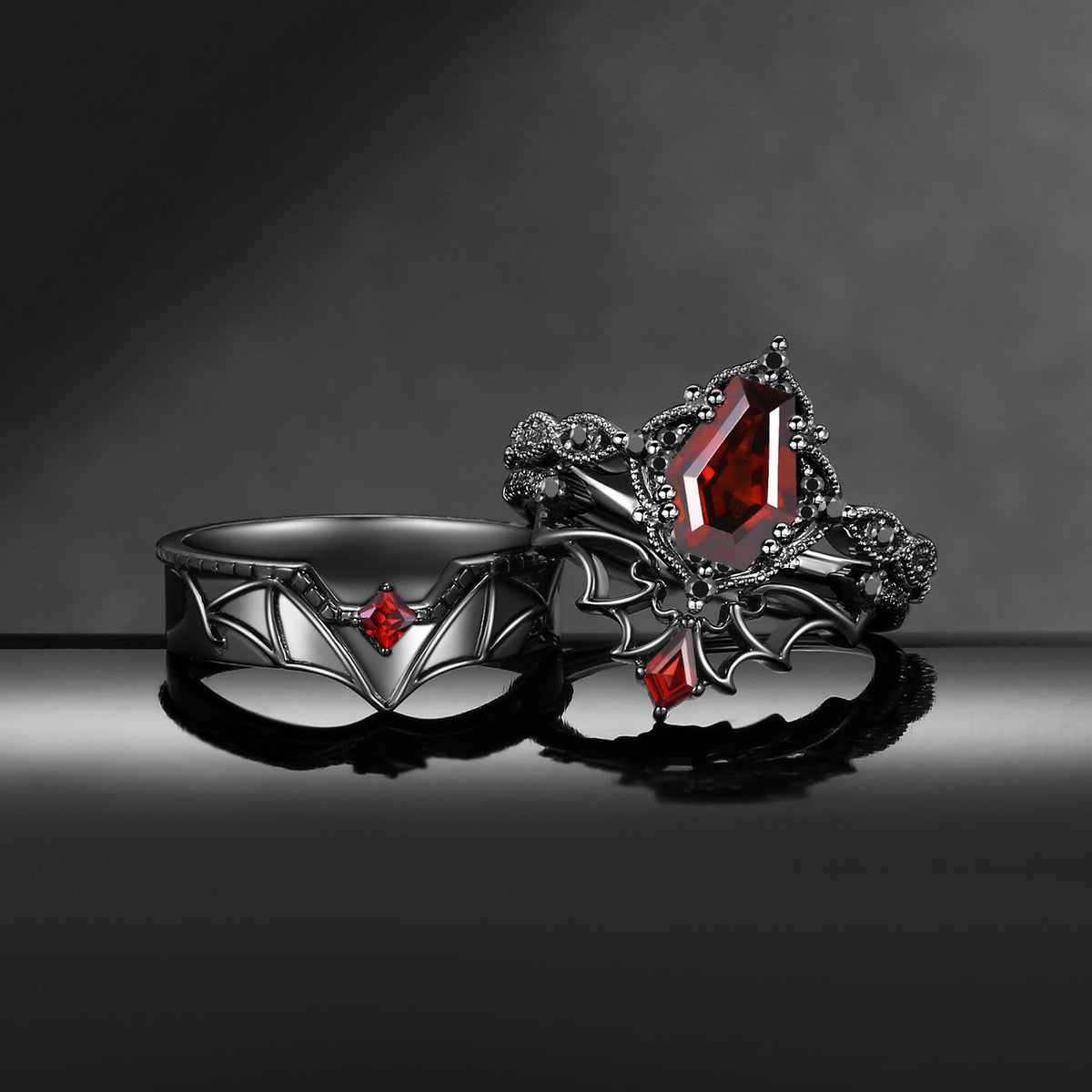Gothic Coffin Garnet Bat Wing Inspired Couple Bridal Ring Set