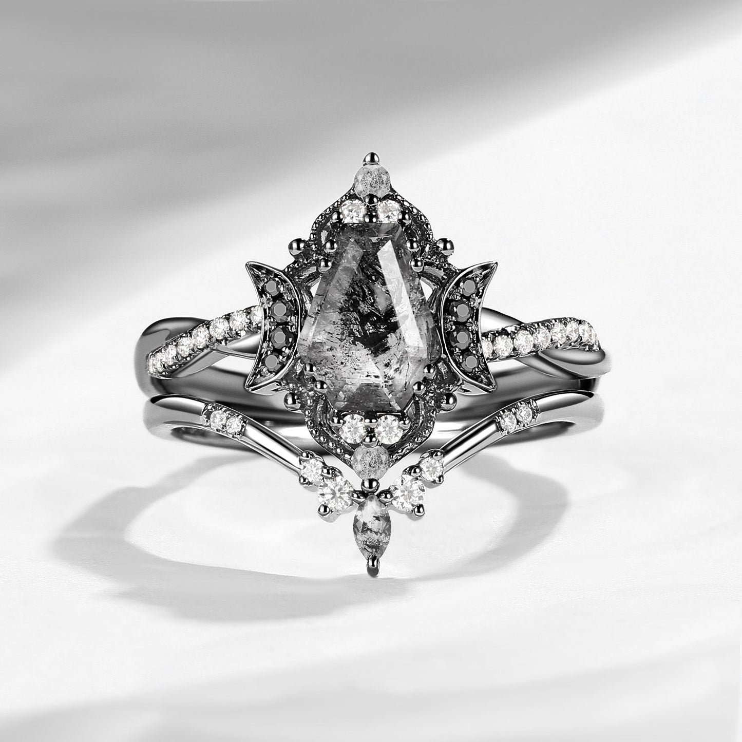 Crescent Moon | Vintage Inspired Infinity Coffin Cut Herkimer Diamond & Black Moissanite Engagement Ring Set 2PCS - Alexandria