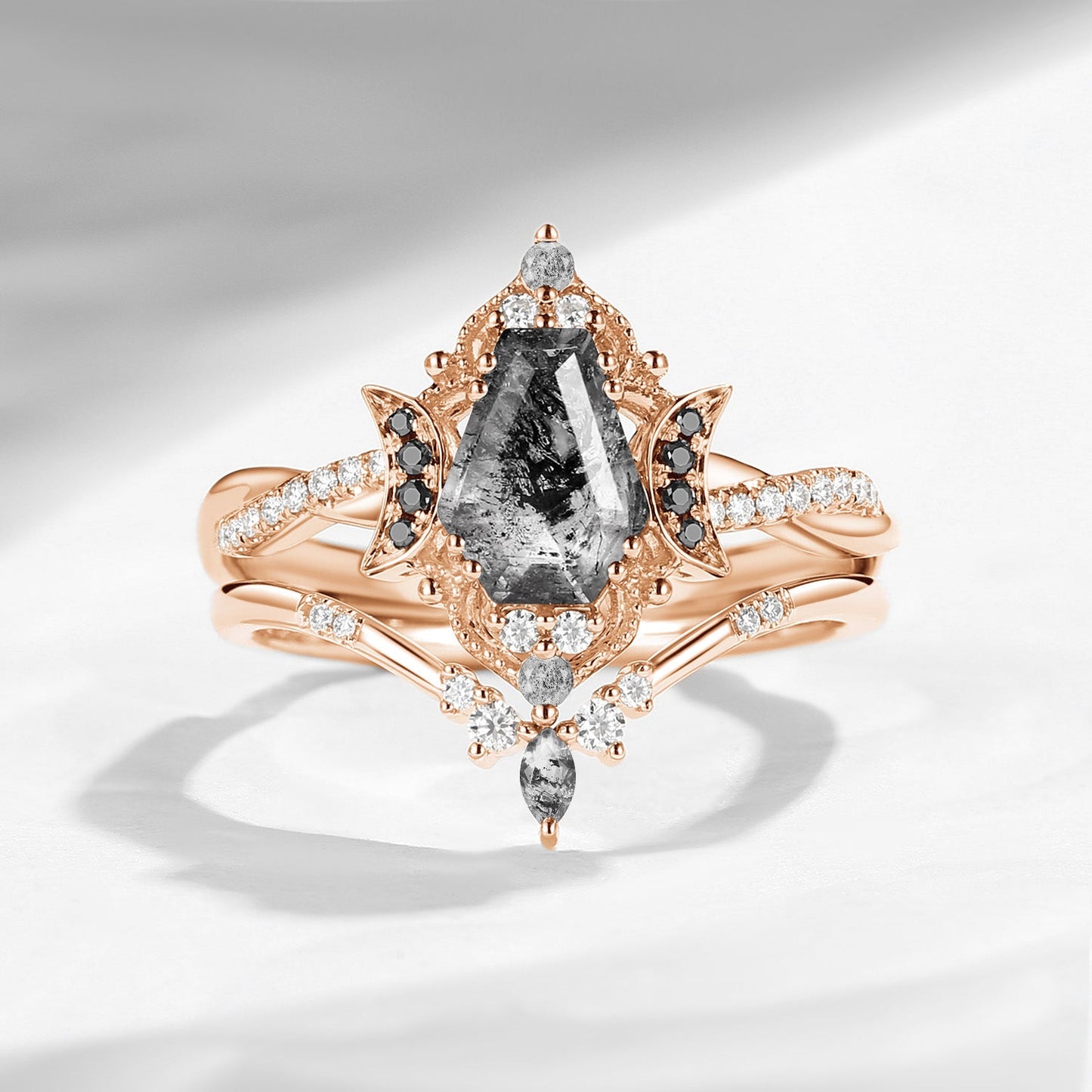 Crescent Moon | Vintage Inspired Infinity Coffin Cut Herkimer Diamond & Black Moissanite Engagement Ring Set 2PCS - Alexandria