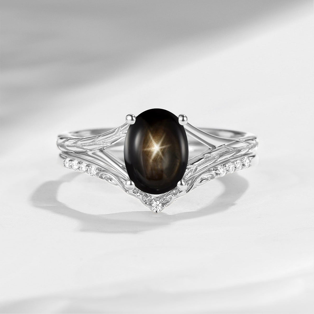 Nature Inspired Oval Cut Natural Black Star Sapphire Textured Engagement Ring Set 2pcs