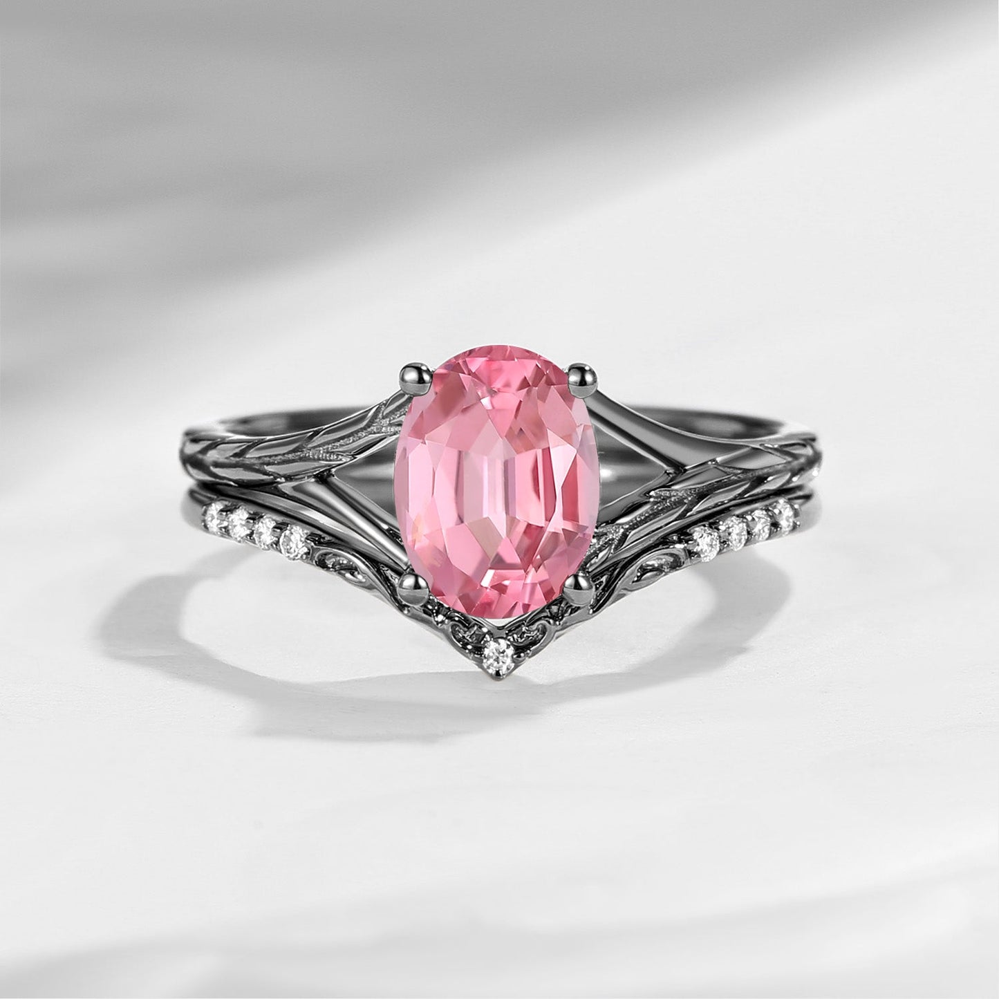 Nature Inspired Oval Cut Natural Pink Tourmaline Textured Engagement Ring Set 2pcs
