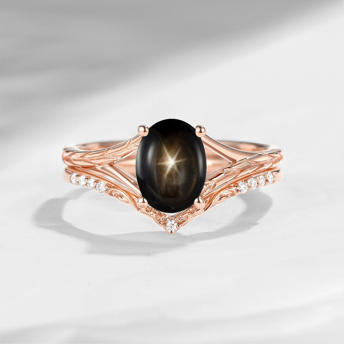Nature Inspired Oval Cut Natural Black Star Sapphire Textured Engagement Ring Set 2pcs