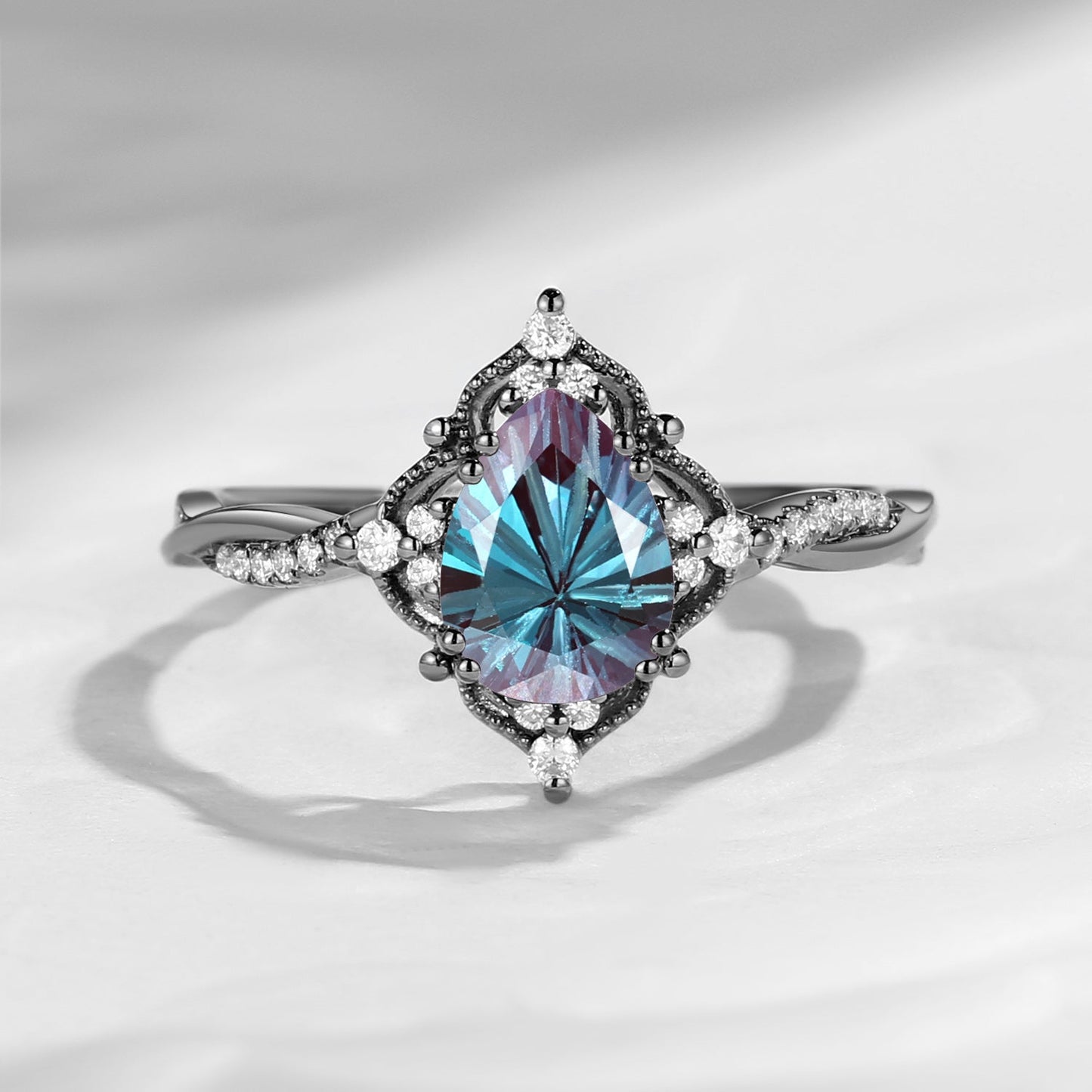 Vintage Style Firework Cut Pear Shaped Lab Alexandrite Infinity Engagement Ring