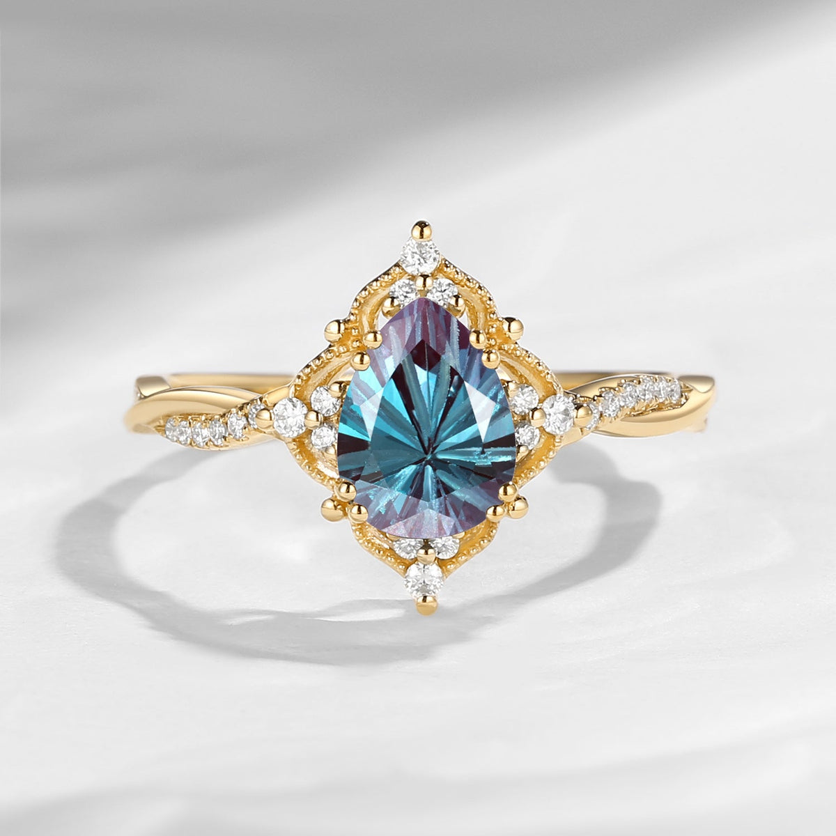 Vintage Style Firework Cut Pear Shaped Lab Alexandrite Infinity Engagement Ring