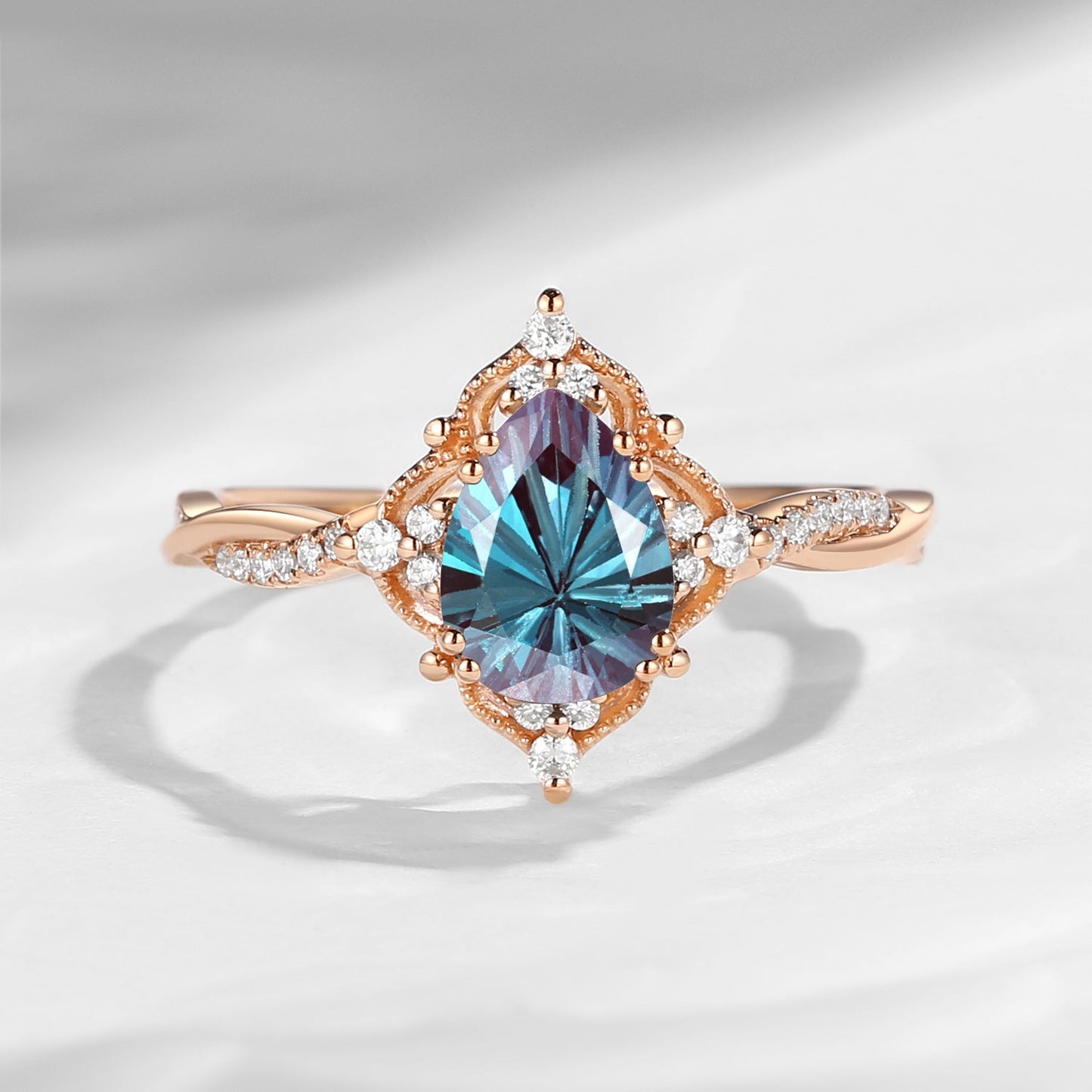 Vintage Style Firework Cut Pear Shaped Lab Alexandrite Infinity Engagement Ring