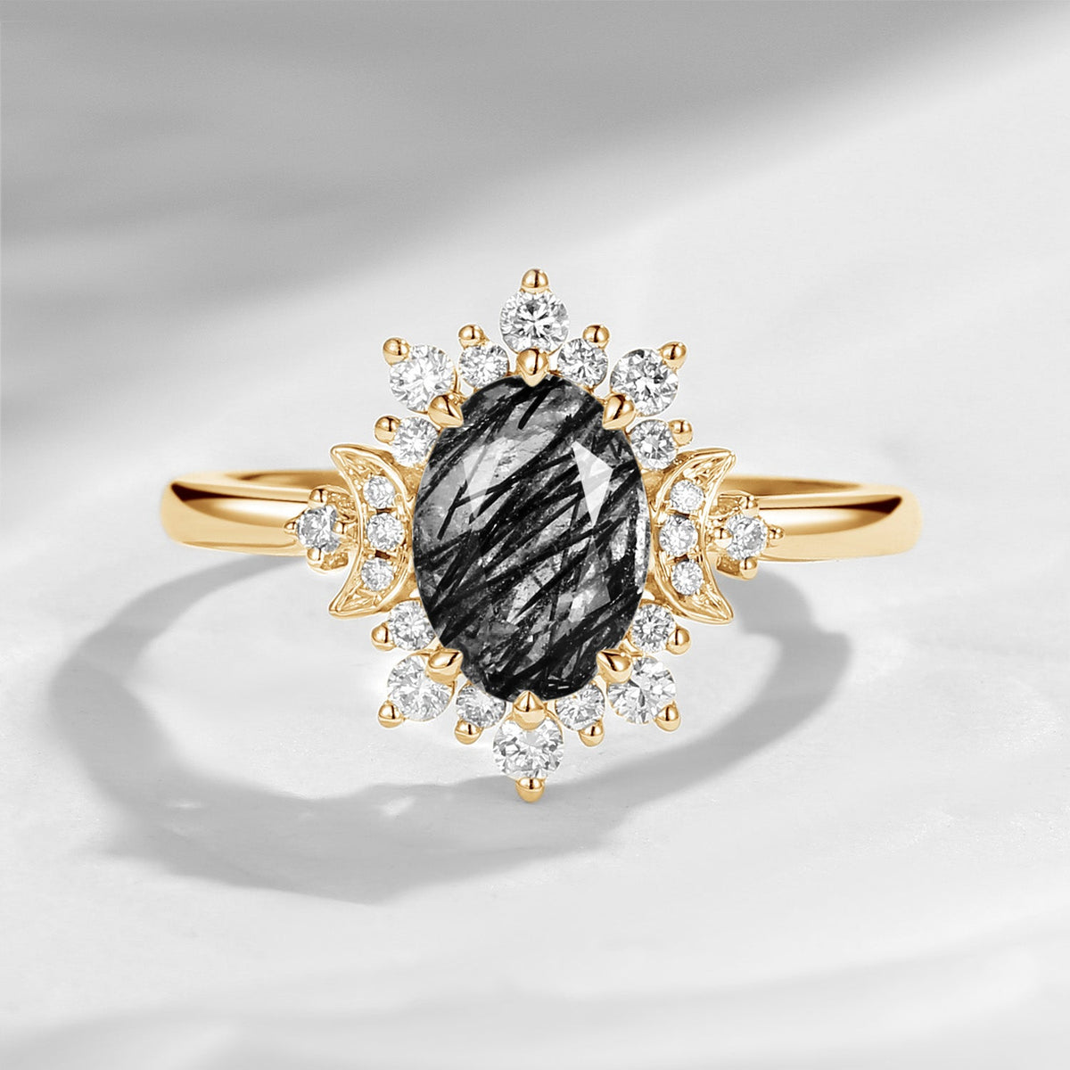 Crescent Moon | Oval Snowflake Halo Black Rutilated Quartz Engagement Ring - Moonlight In Vermont