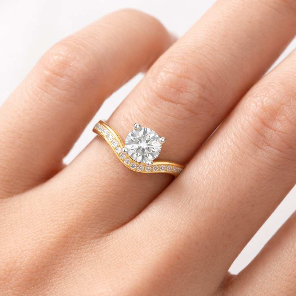 Round Cut Lab Grown Diamond Chevron Engagement Ring in 14K Yellow Gold