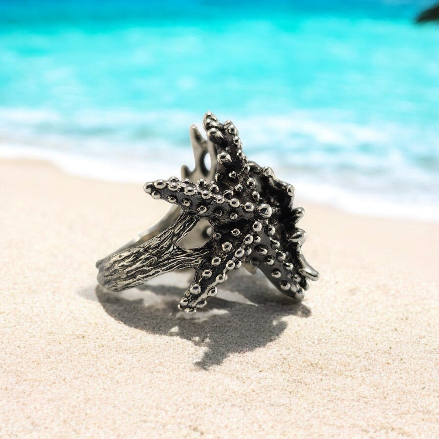 Sterling Silver Starfish and Sea Coral Ring