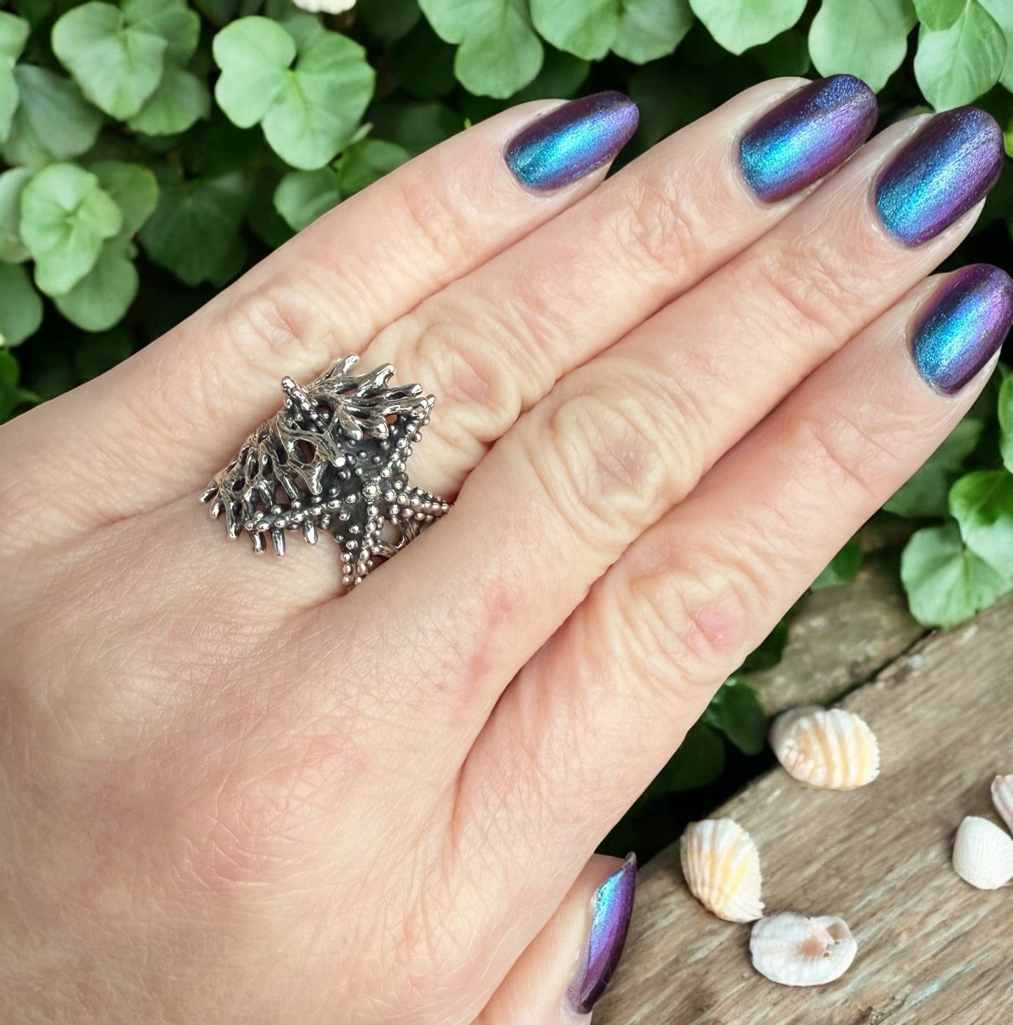 Sterling Silver Starfish and Sea Coral Ring