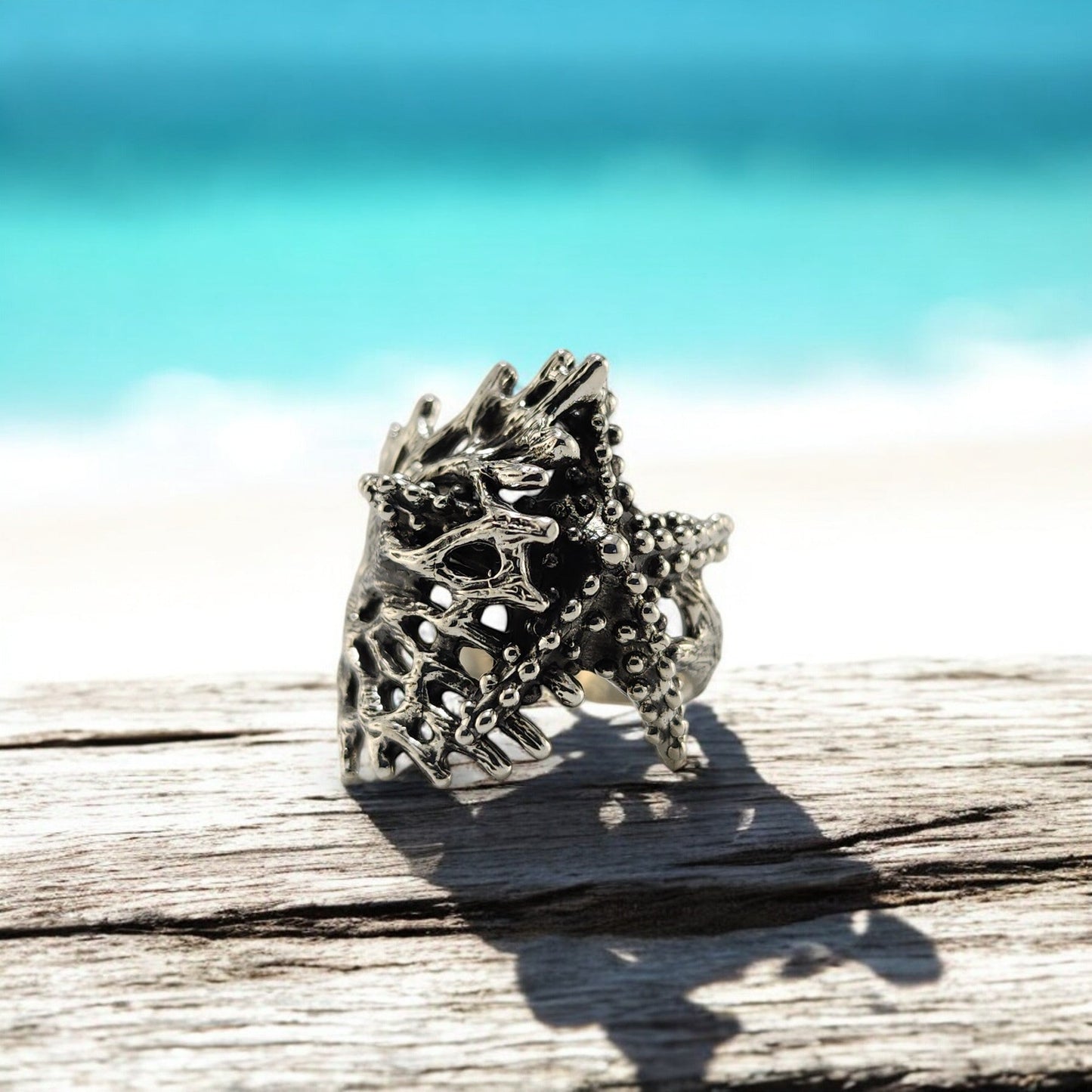 Sterling Silver Starfish and Sea Coral Ring