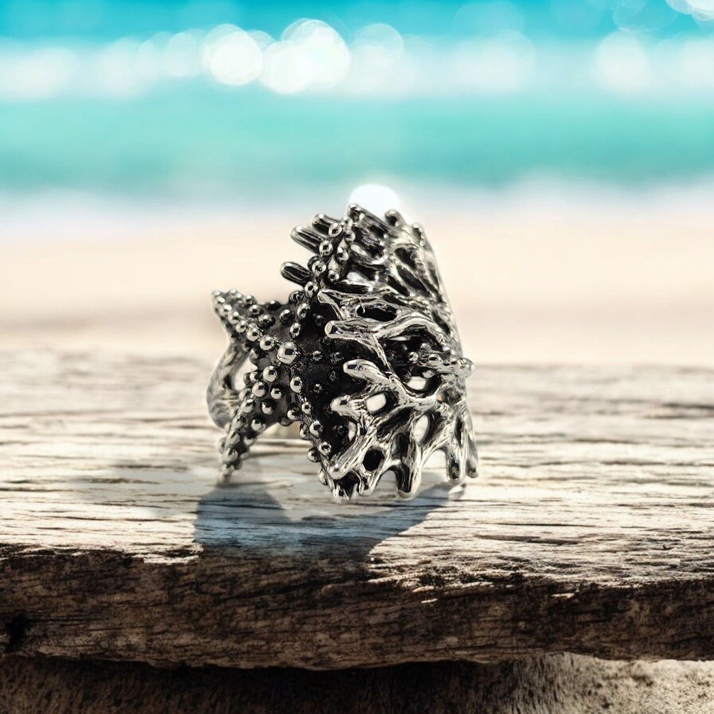 Sterling Silver Starfish and Sea Coral Ring