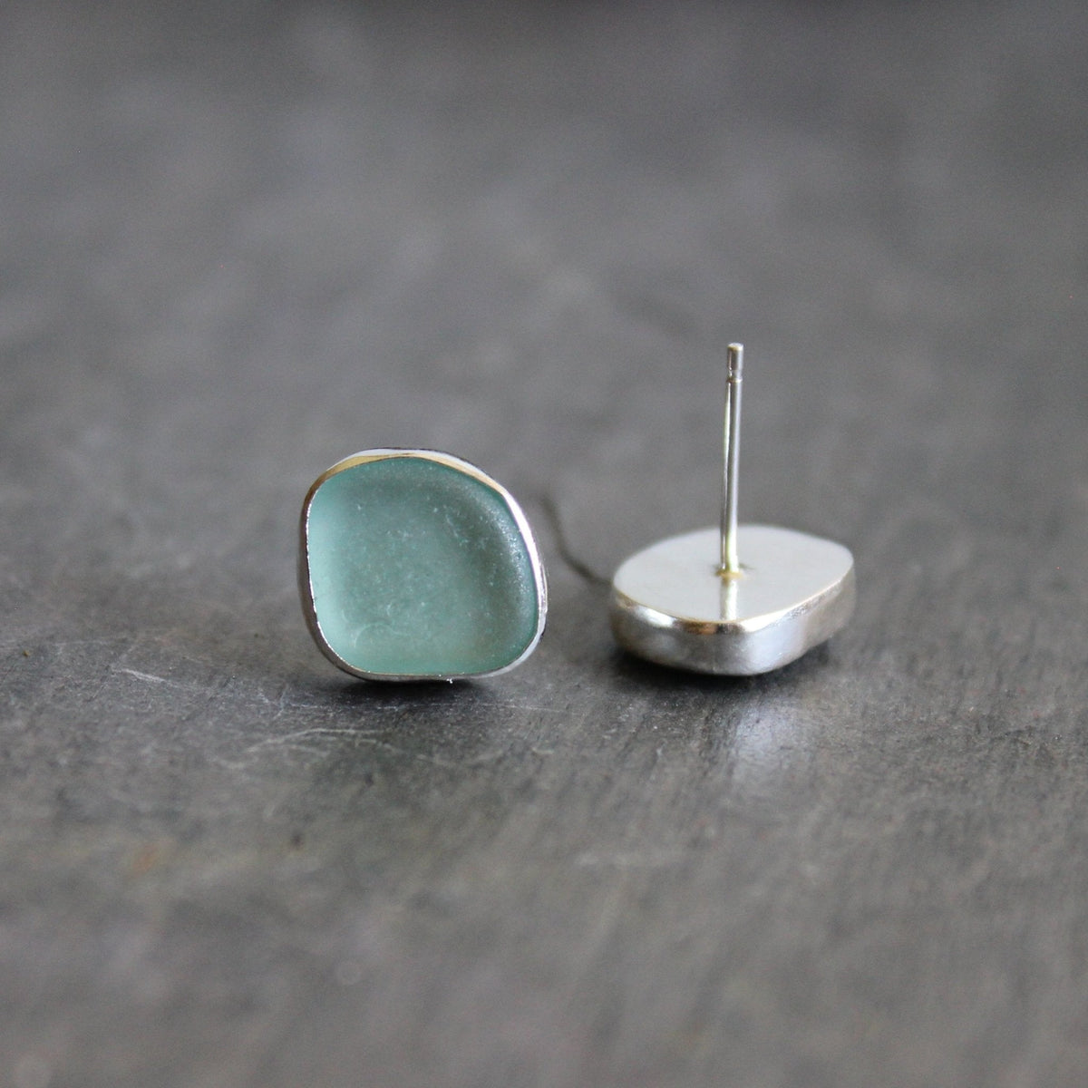 Turquoise Caribbean Sea Glass Stud Earrings | Handmade Sterling Silver