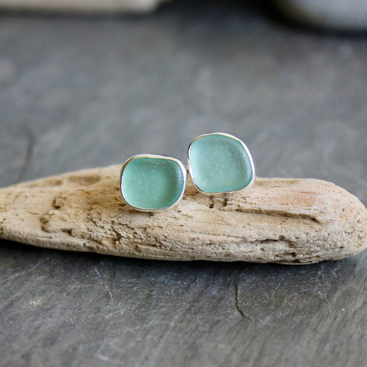 Turquoise Caribbean Sea Glass Stud Earrings | Handmade Sterling Silver