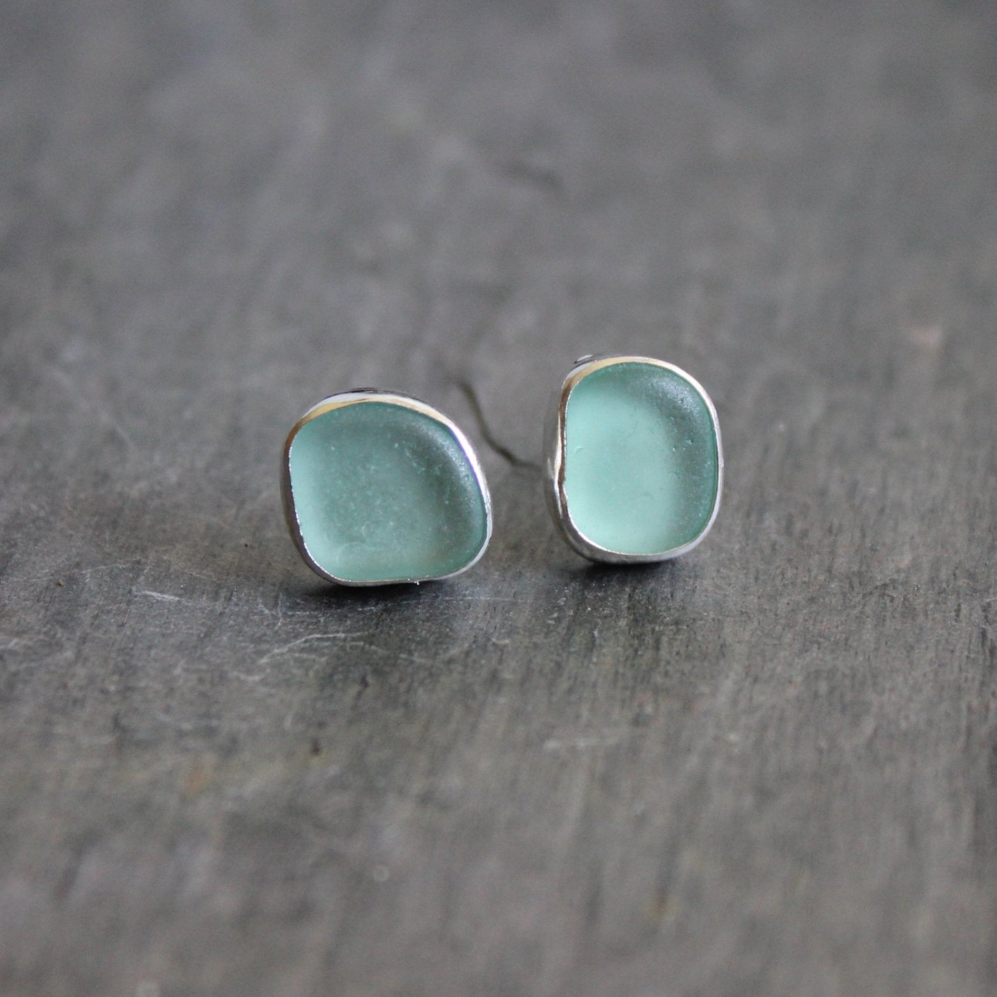 Turquoise Caribbean Sea Glass Stud Earrings | Handmade Sterling Silver