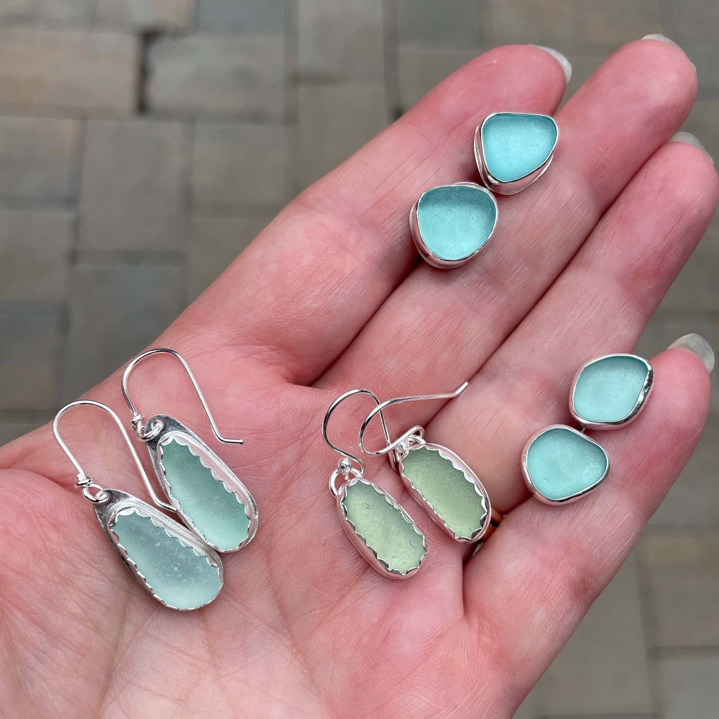 Turquoise Caribbean Sea Glass Stud Earrings | Handmade Sterling Silver