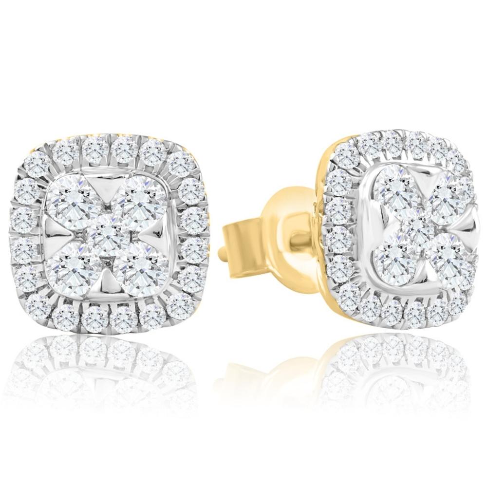 1Ct T.W. Pave Diamond Cushion Halo Studs 10k Yellow Gold Lab Grown Earrings