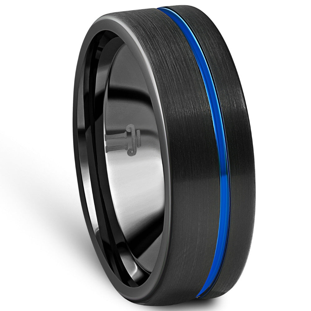 Men's Black & Blue Inlay Tungsten Ring Brushed Ring 8mm Wedding Band